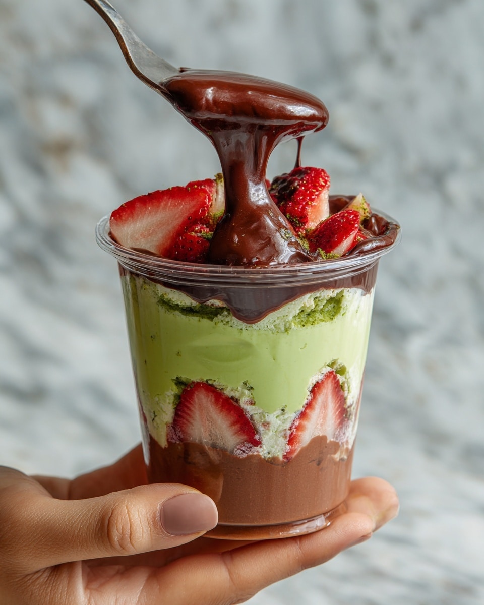 The image shows a clear plastic cup held by a woman's hand, filled with several layers. The bottom layer is a smooth brown chocolate pudding. Above that is a green cream layer with pieces of red strawberries mixed in. Another layer of chocolate pudding follows, then more green cream with strawberries peeking through. The top is a thick green cream layer with a glossy brown chocolate sauce poured over it. A fork is pressing down gently on the top, with some chocolate sauce dripping down. The background and surface are a white marbled texture. photo taken with an iphone --ar 4:5 --v 7