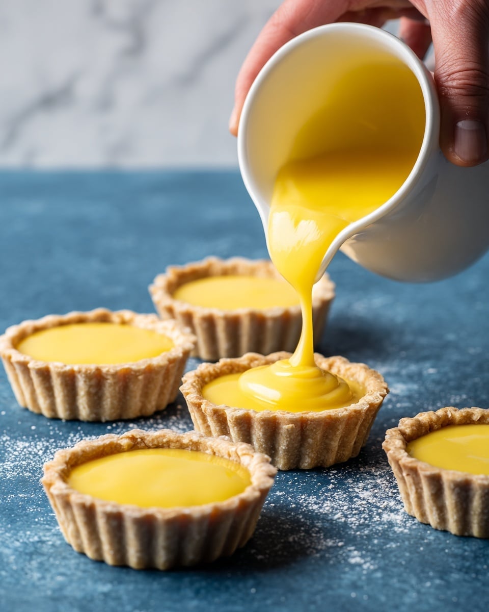 Five small round tart shells with a light beige color and textured edges sit on a dark blue textured surface. A thick, smooth, bright yellow filling is being poured from a white ceramic jug by a woman's hand into the tart shell in the middle. The yellow filling fills the tart shells evenly, with a shiny, glossy surface. The scene is clear and bright, showing close details of the tart shells and filling. The surface beneath has a white marbled texture in the background. photo taken with an iphone --ar 4:5 --v 7