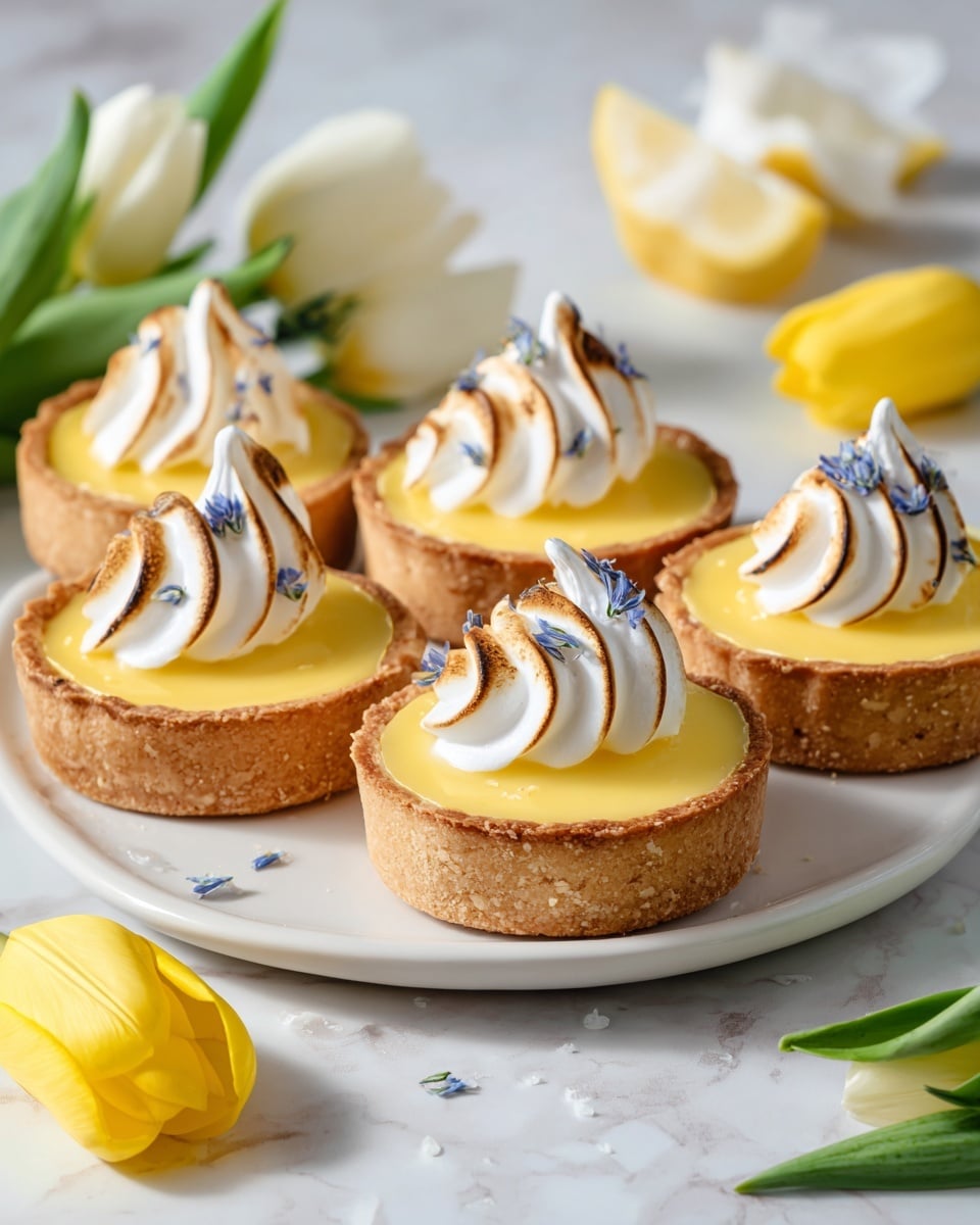 The image shows four small round tarts with golden yellow filling sitting on a dark blue textured tray. Each tart has a smooth edge crust holding the shiny yellow layer that looks creamy and glossy. A woman's hand holding a white piping bag is adding a white, swirled cream decoration in a curved line along one side of the tart closest to the bottom left corner. The cream has a light, fluffy texture with soft peaks. The background is a white marbled surface. Photo taken with an iphone --ar 4:5 --v 7