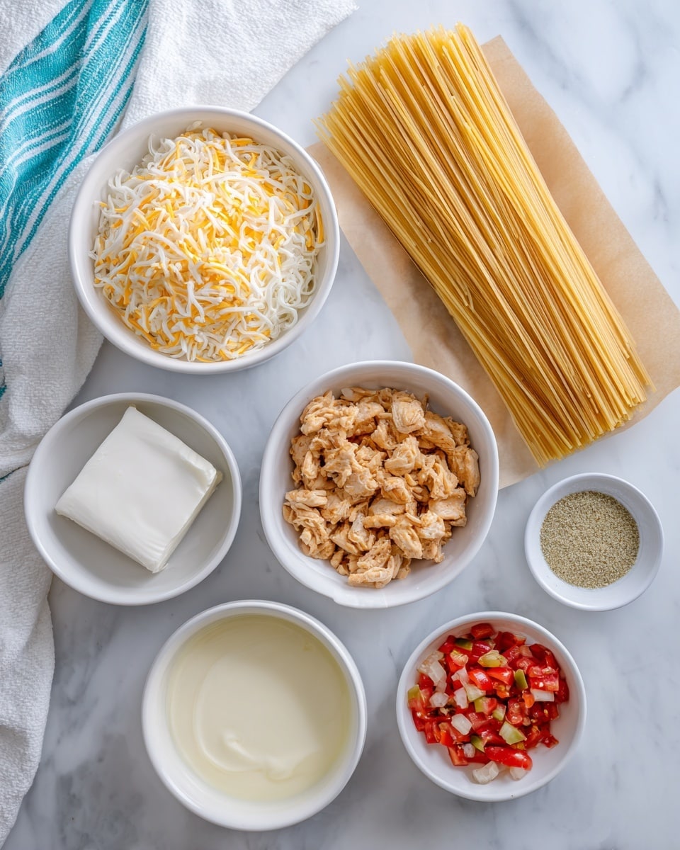 The image shows seven white bowls and one piece of cream cheese on parchment, all arranged on a white marbled surface. Starting from the top and moving clockwise: a bowl filled with a mix of shredded yellow and white cheese; a bowl of uncooked spaghetti noodles standing upright and packed tightly; a piece of white cream cheese sitting on brown parchment paper; a bowl full of small pieces of cooked chicken; a small measuring cup with a creamy white liquid (evaporated milk); a small white bowl with light green ranch seasoning powder; and a bowl with diced red and green rotel tomatoes. There is also a bowl of smooth, pale yellow cream of chicken soup near the bottom left. A white and turquoise striped cloth is partially visible on the left side. Photo taken with an iphone --ar 4:5 --v 7