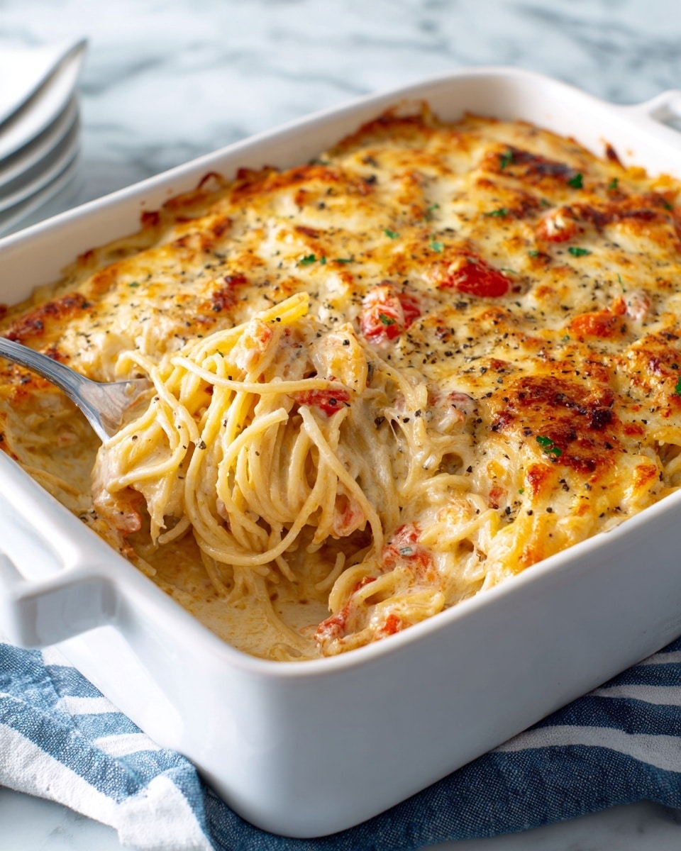 The image shows a close-up of a white baking dish filled with creamy baked spaghetti. The top layer is golden brown melted cheese with some darker brown spots from baking, sprinkled with black pepper. Underneath the cheese is a thick creamy sauce mixed with spaghetti noodles and small pieces of red tomato. The noodles are coated in the sauce, showing a shiny, smooth texture. There is a metal spoon scooping out the spaghetti near the bottom left corner of the dish, revealing the creamy noodles and tomato pieces inside. The dish is placed on a white marbled surface with a blue and white striped cloth nearby. Photo taken with an iphone --ar 4:5 --v 7