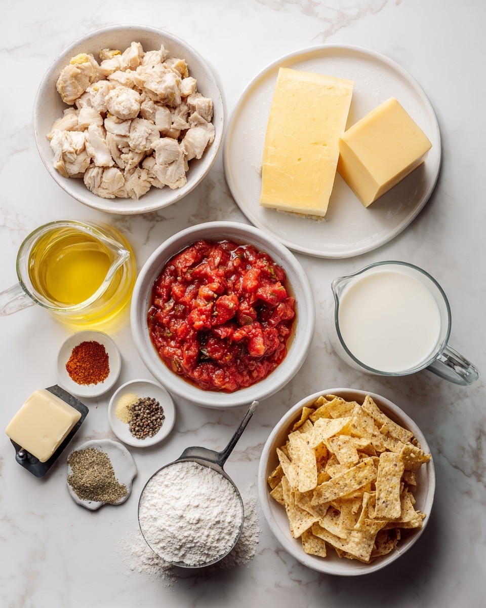 The image shows a top view of several ingredients on a white marbled surface, including a white bowl at the top with chopped cooked chicken, a white plate near the center holding a block of yellow cheese, a white bowl with red chunky tomato salsa, and another white bowl on the bottom right filled with golden crispy tortilla strips. There is a glass of milk on the right, a small black dish with a stick of butter near the center, a small white oval dish with various spices arranged in piles on the left, a clear glass jug with yellow liquid towards the top left, and a metal measuring cup with white flour near the bottom right. The photo taken with an iphone --ar 4:5 --v 7