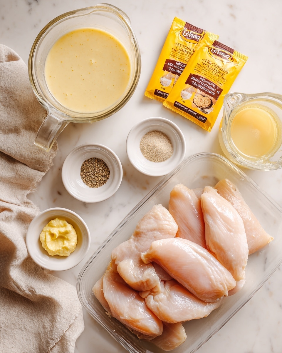 The image shows raw boneless, skinless chicken breast in a clear plastic tray placed on a white marbled surface. Surrounding the chicken are several white bowls and a glass measuring cup: a bowl of creamy pale yellow cream of chicken soup, a small bowl with a dollop of pale yellow Dijon mustard, another small bowl with a mix of light brown garlic powder and black ground pepper, and a glass measuring cup filled with light yellow chicken stock. Two packets of chicken gravy mix with brown and yellow packaging sit near the top center of the image. The overall scene is bright and clean with a soft natural light. Photo taken with an iphone --ar 4:5 --v 7
