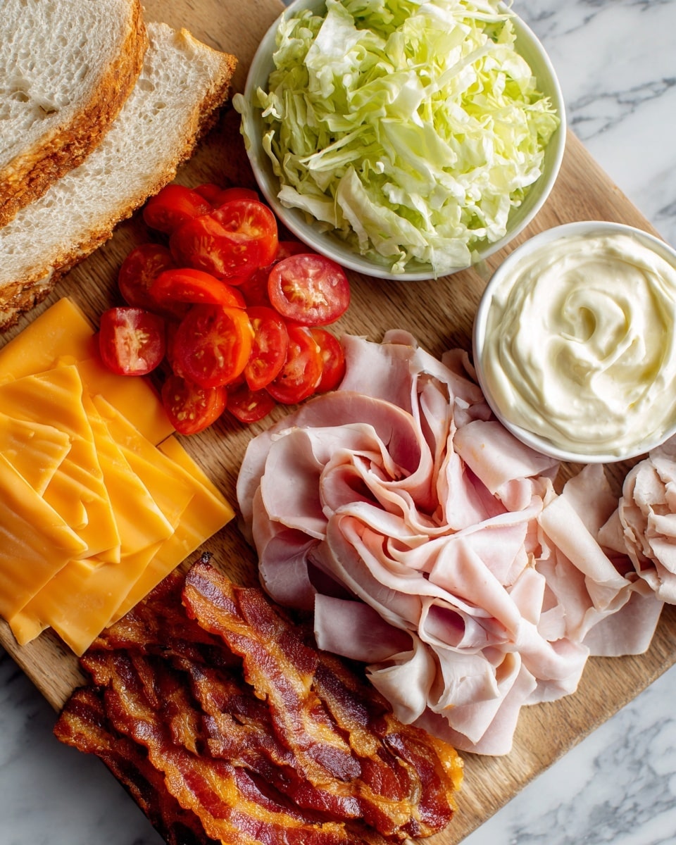 The image shows layers for a sandwich on a wooden board with a white marbled background. Starting from the bottom left corner, there are slices of orange cheese followed by crispy bacon strips with a shiny texture; next to them are bright red tomato slices arranged in a small pile. Above the bacon and tomato, there are light green shredded lettuce pieces next to a bowl filled with creamy white mayonnaise. Below the lettuce and mayonnaise, thin folded slices of pink ham are placed over each other, and underneath the ham, there are thinly sliced light grey turkey pieces with some texture showing. The bread is partially visible at the top left corner. Photo taken with an iphone --ar 4:5 --v 7