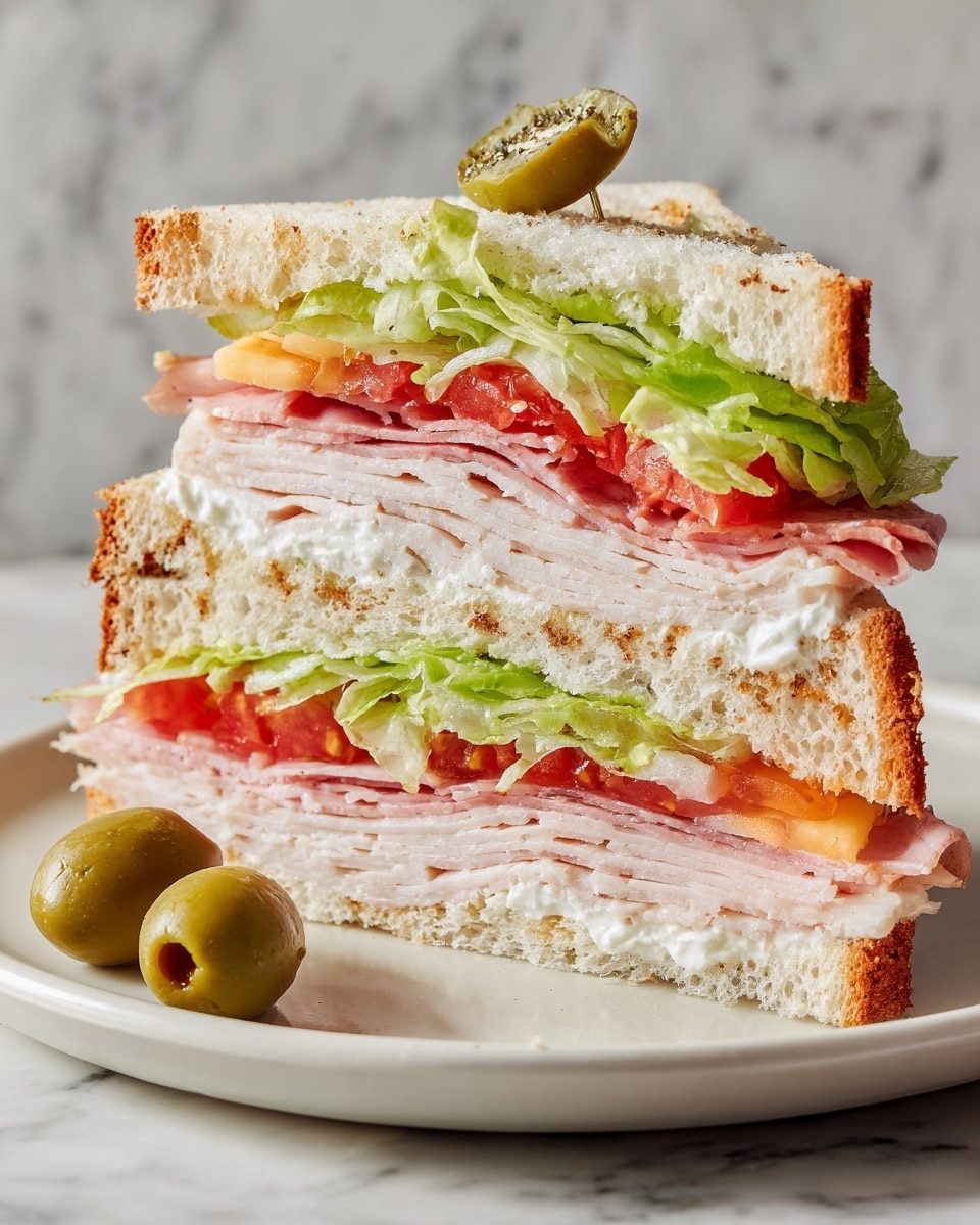 A close-up of a sandwich cut into a triangle shape on a white plate, placed on a white marbled surface. The sandwich has three layers of toasted white bread with a light golden crust. The bottom layer inside the sandwich shows thin, pale slices of turkey meat, topped with white creamy spread. Above that is a layer with red tomato slices and light orange cheese, also covered with creamy spread. The next layer has slices of pink ham with green lettuce leaves above it. The top bread layer has a small amount of white creamy spread and is garnished with thin pickle slices. Two green olives rest on the plate near the sandwich photo taken with an iphone --ar 4:5 --v 7