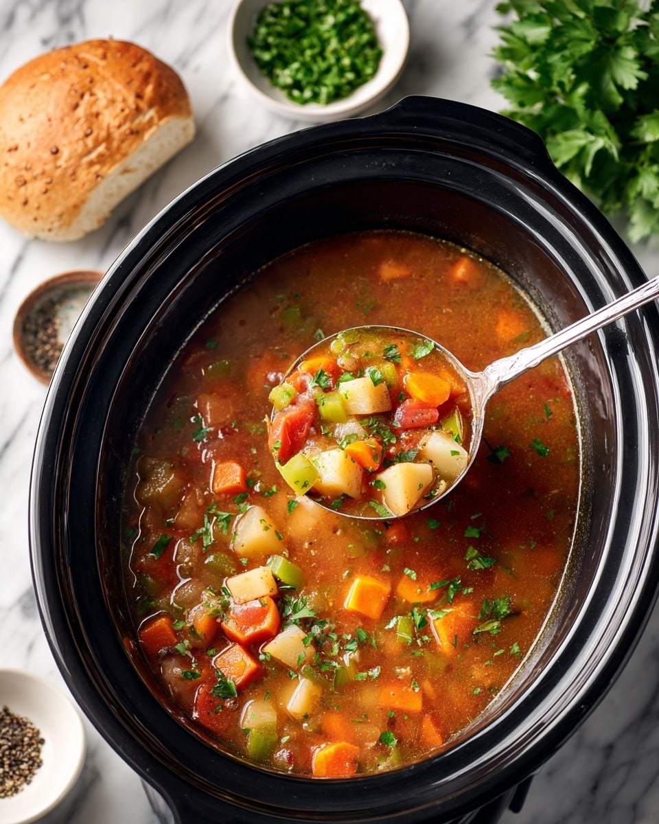 A black slow cooker filled with thick vegetable soup showing visible layers of diced orange carrots, white potatoes, green celery, and red tomato pieces in a rich brown broth, with flecks of green herbs on top. A silver ladle is scooping up a portion, highlighting the chunky ingredients and smooth texture. The cooker is placed on a white marbled surface with a white bowl of chopped green herbs and a small white dish of black pepper to one side. Fresh green parsley is in the background next to a round seeded bread roll. Photo taken with an iphone --ar 4:5 --v 7