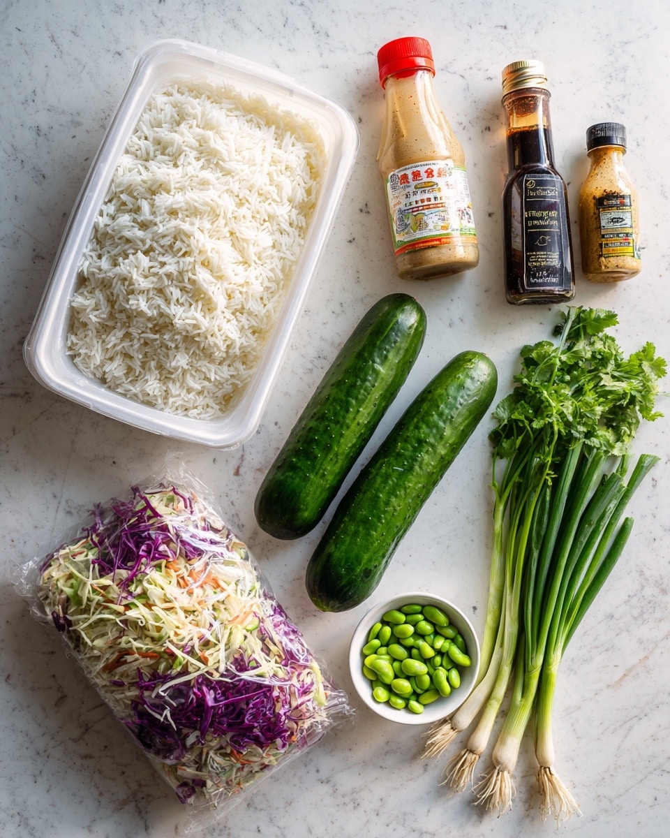 The image shows several cooking ingredients arranged neatly on a white marbled surface. There is a large white container filled with fluffy cooked white rice on the top left. Below the rice, an opened clear bag holds a colorful coleslaw mix with shredded cabbage and purple strands. To the right of the coleslaw, three fresh, dark green cucumbers lie side by side. In the center, a small white bowl is filled with bright green edamame beans. On the right side, three long green onions with white bulbs sit next to a bunch of fresh green cilantro. Above the green onions and cilantro, there are three bottles with labels, one with a red cap of soy sauce, a smaller one of sesame oil, and a large bottle of tan-colored sesame dressing. The light grey marbled surface contrasts softly with the fresh green colors and white containers, giving a clean and organized look. Photo taken with an iphone --ar 4:5 --v 7