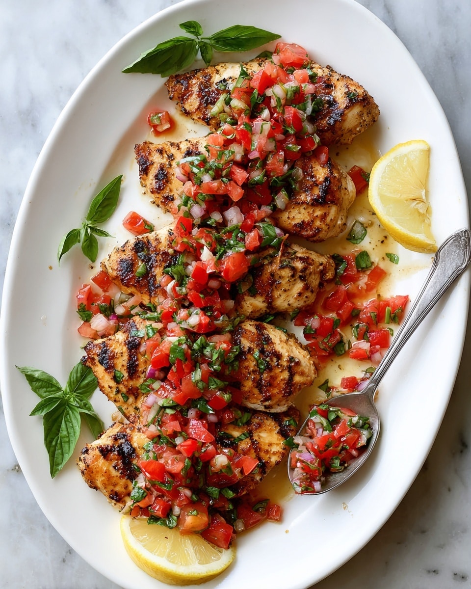 A white oval plate holds five light brown grilled chicken pieces arranged in a slightly overlapping row. On top of the chicken, a bright red and green mix of chopped tomatoes, onions, and fresh basil covers most of the pieces. There are two lemon wedges placed on the left and right sides of the plate, adding yellow color. Fresh green basil leaves decorate the bottom left corner of the plate. A silver spoon with a bit of the tomato topping rests near the top chicken piece. The plate is set against a white marbled background. Photo taken with an iphone --ar 4:5 --v 7