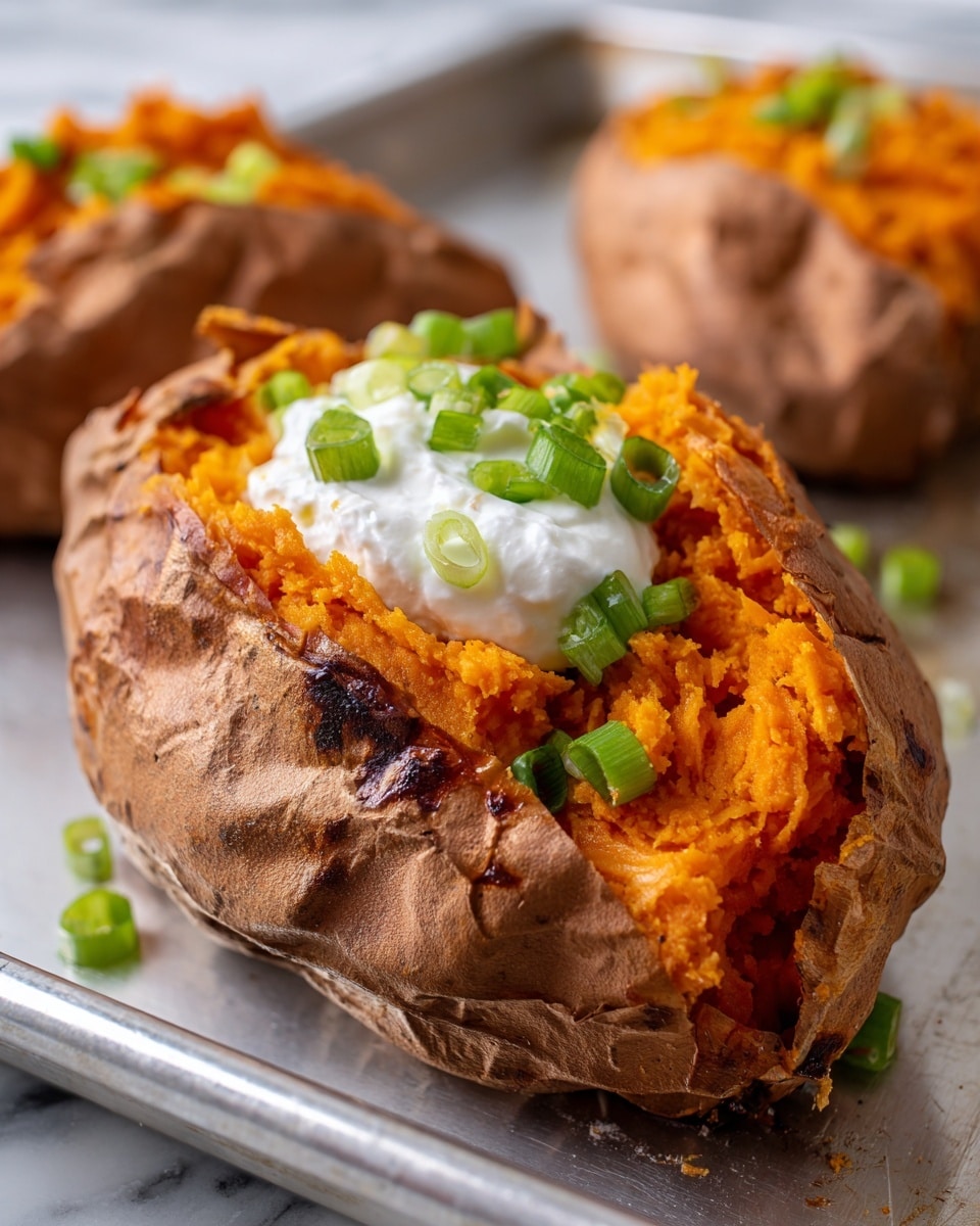 The image shows a baked sweet potato with a wrinkled, light brown skin and slightly charred edges, split open to reveal the soft, bright orange flesh inside. The inner orange layer is mashed and fluffed up, giving it a textured look. On top of the orange flesh, there is a dollop of smooth, white sour cream placed in the center, and small pieces of chopped green onions scatter over the sour cream and the mashed sweet potato, adding a fresh green color contrast. The potato rests on a silver baking tray with a white marbled surface background visible. Photo taken with an iphone --ar 4:5 --v 7