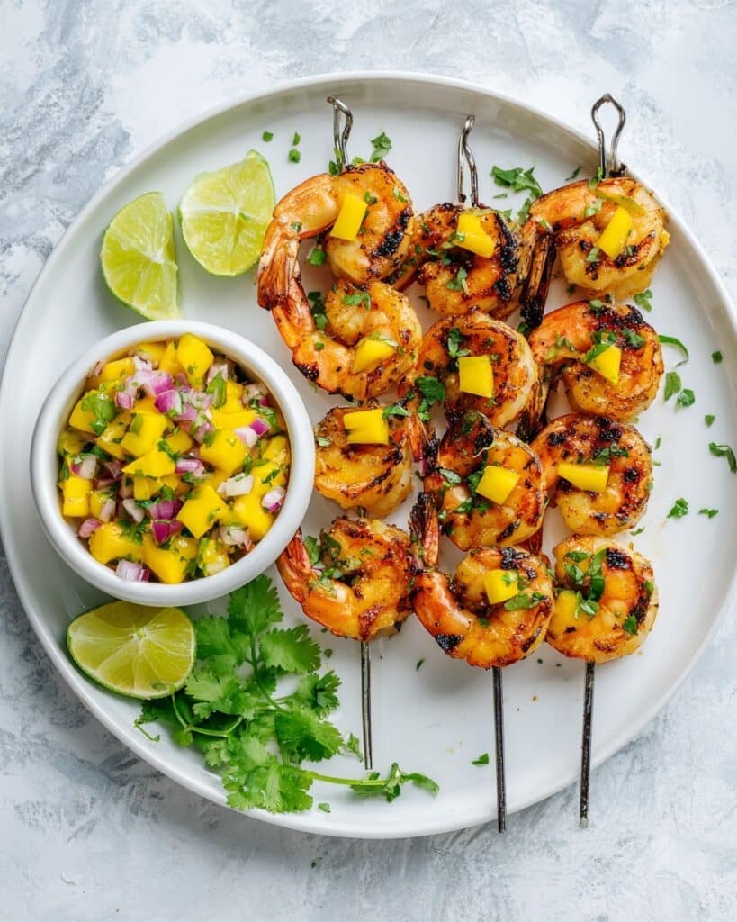 Grilled Shrimp Skewers with Mango Pineapple Salsa Recipe
