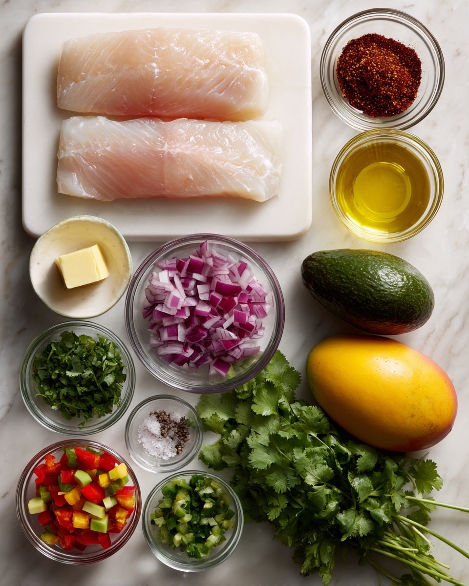 The image shows ingredients for a dish arranged neatly on a white marbled surface. In the top left, two pale pink halibut fillets rest on a white cutting board. To the right, there are three small clear bowls stacked vertically containing a red-brown blackening mix, golden olive oil, and a light yellow square of butter. Below these bowls, a small glass bowl of finely chopped purple red onion sits next to a whole yellow mango. Next to the mango, a bunch of fresh green cilantro leaves is placed. Below and to the left, a small bowl of finely chopped bright green jalapeno sits next to another bowl with small diced bright red bell pepper. Below these, a dark green whole avocado is positioned near a small bowl of amber honey. At the bottom of the image, a tiny dish contains half pink salt and half black pepper, labeled S & P, beside a small clear bowl filled with pale green lime juice. photo taken with an iphone --ar 4:5 --v 7