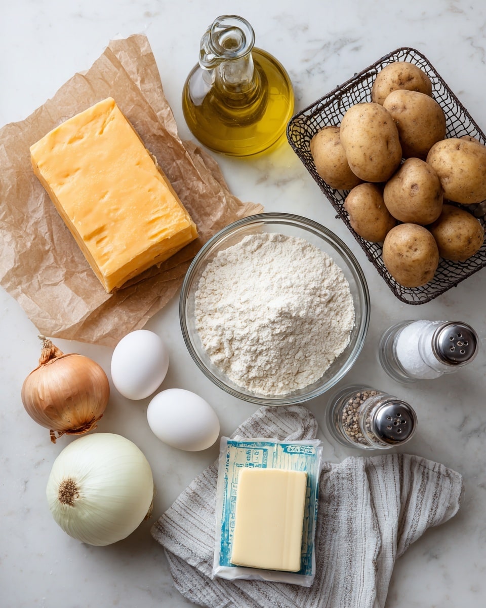The image shows several raw baking ingredients arranged neatly on a white marbled surface: a block of orange cheese on brown parchment paper on the left, a glass bottle of clear light yellow oil above the center, a wire basket filled with multiple brown potatoes to the right, a whole white onion below the potatoes, a clear glass bowl filled with white flour in the lower left-center, two white eggs next to a stick of light yellow butter with a blue label below the onion, and two glass shakers of salt and pepper in the upper right corner. A white and gray striped cloth is partially visible beneath the cheese. Photo taken with an iphone --ar 4:5 --v 7