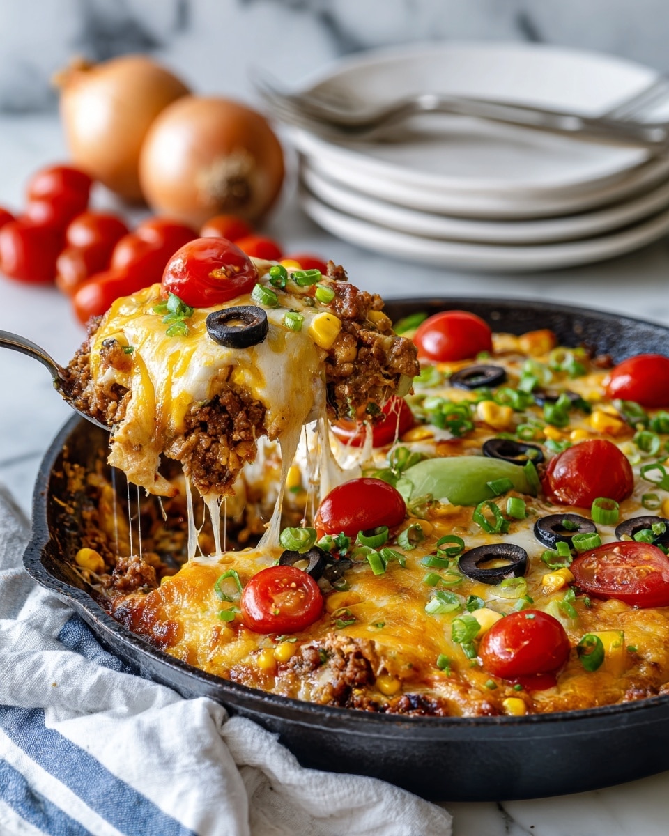 A black cast iron skillet filled with a layered dish that has a base of cooked rice mixed with black beans, corn, diced tomatoes, and browned meat in a rich, reddish-brown sauce. On top, there is a melted, golden layer of cheese scattered with chopped green onions, sliced black olives, and halved cherry tomatoes. Two lime wedges are placed on one side. A spoon is resting in the skillet, showing the textured layers inside. The skillet sits on a white marbled surface with a white and green striped cloth nearby and a stack of white plates in the background. Photo taken with an iphone --ar 4:5 --v 7