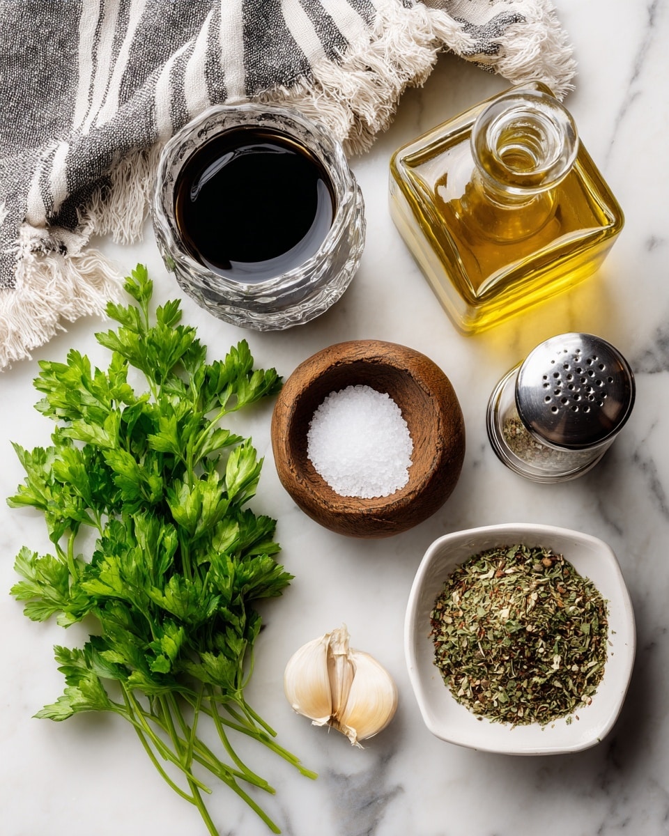 This image shows six cooking ingredients arranged on a white marbled surface. At the top left, there is a clear glass bottle with dark balsamic vinegar inside. To its right, a square clear glass bottle holds golden olive oil with a silver top. Below the vinegar bottle, fresh green parsley leaves with stems spread out, showing their bright, leafy texture. Next to the parsley, a clear round pepper grinder with black pepper seeds sits near a small round wooden bowl filled with white salt. To the right of the salt bowl, two peeled beige garlic cloves rest on the surface. At the bottom right, a small white square dish is filled with mixed dried Italian seasoning, showing green, red, and brown bits. A grey and white striped cloth with fringes is partly visible on the top left corner. photo taken with an iphone --ar 4:5 --v 7