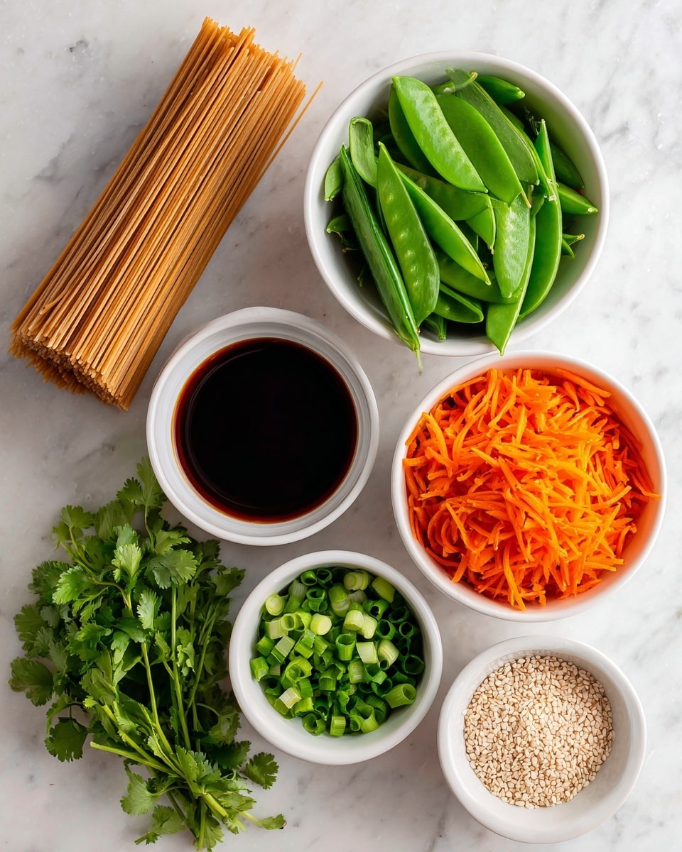 The image shows six ingredients arranged on a white marbled surface. At the top left, there is a bundle of dry spaghetti noodles wrapped partially in plain paper, showing their light brown color and straight slim shape. Next to it on the right is a white bowl filled with bright orange shredded carrots with rough texture. Below that, a white bowl contains vivid green snap peas, some cut into halves, showing their smooth texture and fresh look. To the left of the peas, a white bowl holds shiny, dark brown teriyaki sauce with liquid swirling on the surface. Below the sauce, a white bowl is filled with chopped green onions, their pieces showing light and dark green shades. To the left of the onions lies a bunch of fresh, curly cilantro leaves with a vivid deep green color. At the bottom right corner, there is a small white bowl filled with pale beige sesame seeds that have a rough texture. Photo taken with an iphone --ar 4:5 --v 7