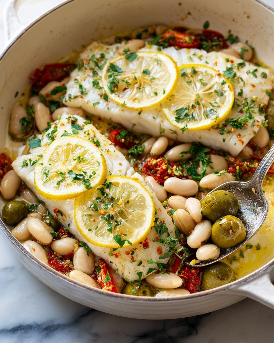 The image shows a white pan filled with two pieces of white fish fillets, each topped with three thin lemon slices sprinkled with green herbs. Under the fish, there is a mix of white beans, green olives, and small red pepper slices, all cooked together with small bits of herbs and spices visible. The pan rests on a white marbled surface, and a silver spoon is lifting some beans and a green olive from the pan. The dish looks fresh and colorful with a mix of white, green, yellow, and red colors. photo taken with an iphone --ar 4:5 --v 7