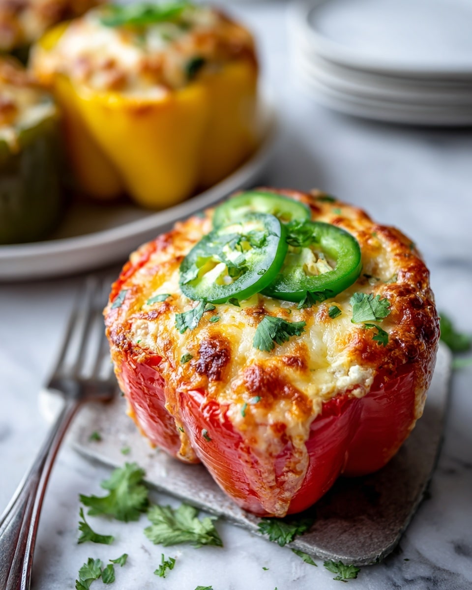 The image shows a halved green bell pepper stuffed with three visible layers: the outer green pepper skin forming the base and sides, a thick middle layer of cooked ground meat mixed with small pieces of vegetables and spices in brown and red tones, and a top layer of golden-brown baked cheese with slices of green jalapeño and small green herbs sprinkled on it. The pepper is placed on a white plate with a silver fork beside it, all set on a white marbled surface, with the glossy texture of the cooked filling and melted cheese clearly visible. Photo taken with an iphone --ar 4:5 --v 7