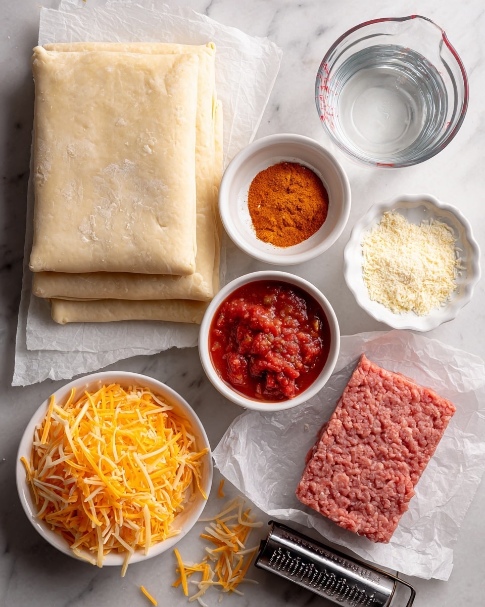 The image shows a white marbled surface with several cooking ingredients arranged neatly. In the top left corner, there are two rectangular puff pastry sheets stacked on each other with a slightly rough texture. To the right, a clear glass measuring cup with water inside and a small white bowl filled with orange taco seasoning powder are placed side by side. Below these, a white bowl filled with chunky red salsa sits next to a rectangular block of light pink ground beef resting on a piece of white parchment paper. Near the bottom left, a white bowl full of bright orange shredded cheese is placed next to a small pile of shredded cheese spilled beside a black and red cheese grater, which has some cheese stuck on it. Photo taken with an iphone --ar 4:5 --v 7