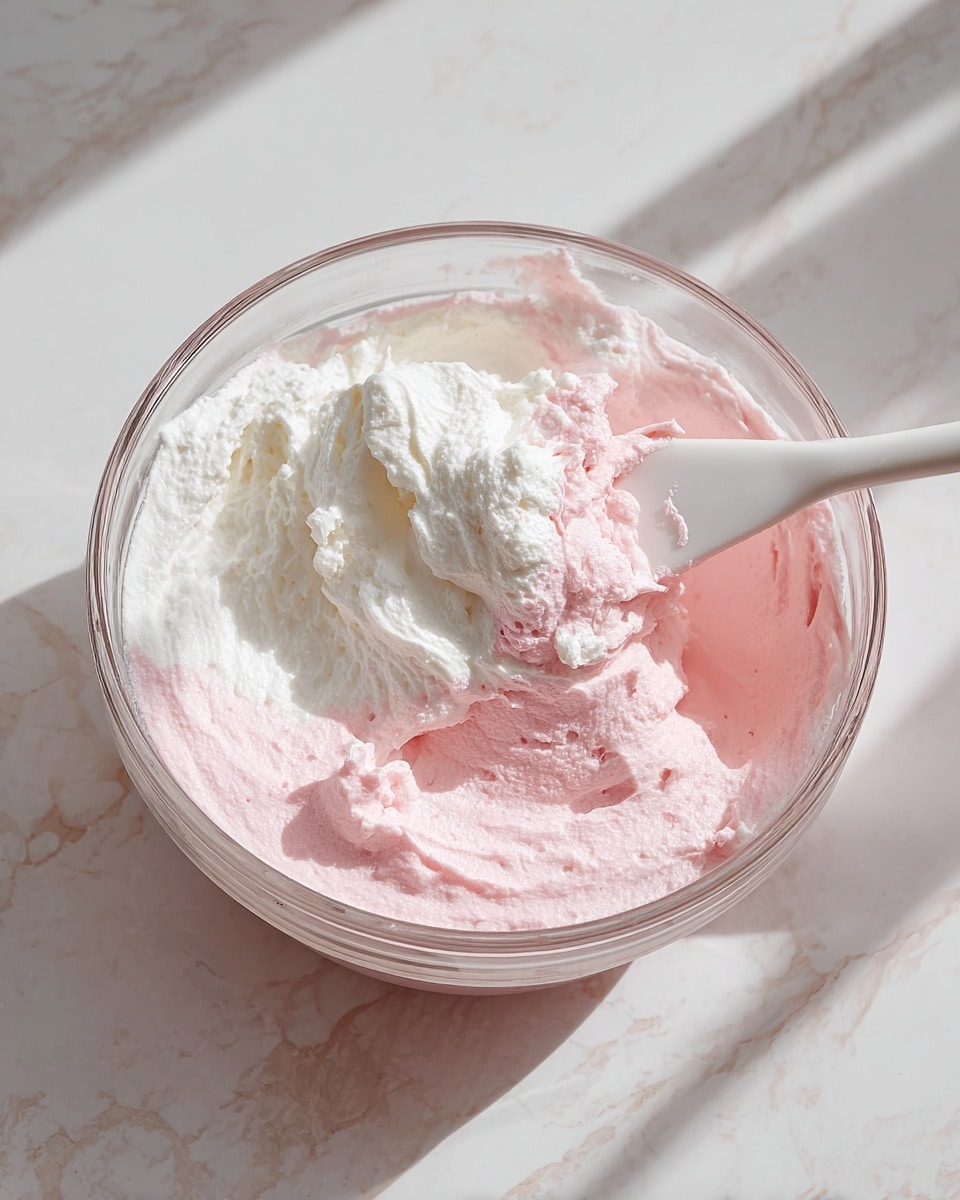 A clear glass bowl holds two layers of a soft, creamy mixture: a white fluffy layer on top and a pink smooth layer under it, slightly mixed together. A white spatula is partially lifting and folding the layers, showing some of the pink mix on it. The bowl sits on a white marbled surface with natural sunlight casting soft shadows around it. Photo taken with an iphone --ar 4:5 --v 7