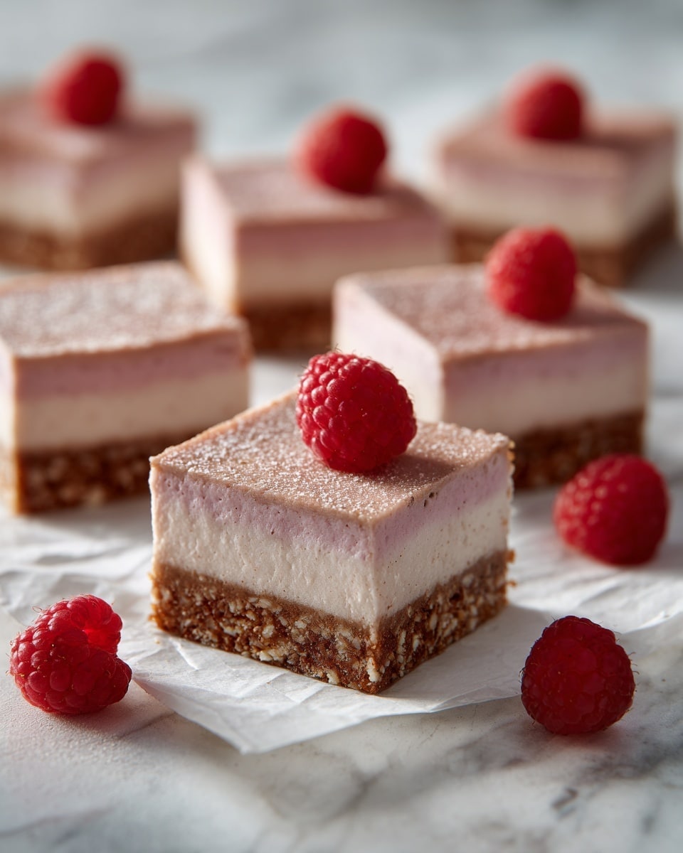 The image shows several square-shaped layered desserts placed on a white marbled surface. Each dessert has two distinct layers: the top and bottom layers are a textured, reddish-brown brownie-like cake with visible darker spots, while the middle layer is a smooth, light pink creamy filling. Around the desserts, fresh whole raspberries are scattered, adding a pop of bright red color to the image. The lighting highlights the textures and colors clearly, with shadows falling softly around the pieces. photo taken with an iphone --ar 4:5 --v 7