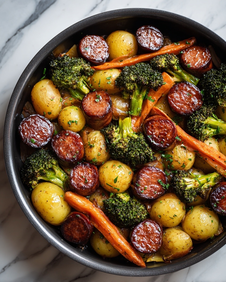 The dish shows a round black pan filled with three main layers of roasted ingredients. The bottom layer consists of small whole yellow baby potatoes with a slightly crispy, golden brown skin. The middle layer has bright green broccoli florets, which are slightly charred on the edges. The top layer features thick slices of dark brown, glazed sausage, shiny from oil, placed evenly all over. Interspersed among these are slender, orange baby carrots, adding more color and texture to the dish. The pan sits on a white marbled surface. The food looks shiny and well-seasoned, with some green herbs sprinkled on top. Photo taken with an iphone --ar 4:5 --v 7