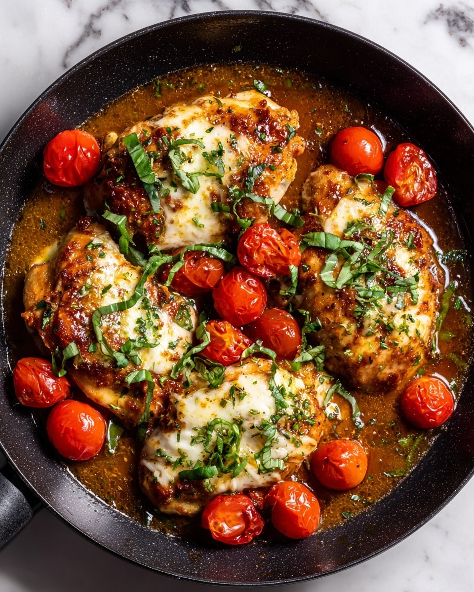The image shows a black pan with four pieces of cooked chicken topped with melted white cheese, each piece sprinkled with thinly sliced fresh green basil leaves. Around the chicken, there are bright red cooked cherry tomatoes with a glossy look and some basil leaves for garnish. The chicken has a golden brown color with a slightly crispy texture, sitting in a rich, brown sauce that has a shiny surface. The whole dish looks very warm and appetizing, placed on a white marbled surface. photo taken with an iphone --ar 4:5 --v 7
