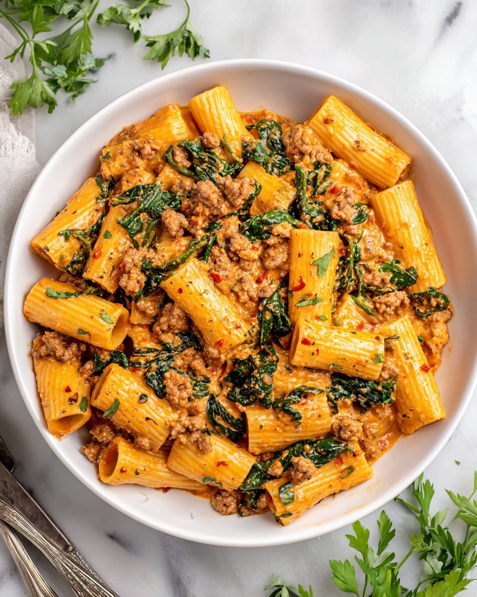 A close-up view of a large white pan filled with three main layers; the first is rigatoni pasta in medium size tubes showing a light golden-yellow color, the second is a rich, creamy orange sauce mixed with small pieces of light brown cooked meat, and the third is fresh bright green spinach leaves scattered evenly throughout, all coated in a slightly glossy texture. The ingredients fill the pan almost to the edge, with bits of sauce on the sides. The background is a white marbled surface with some thyme sprigs and uncooked pasta pieces placed around the pan. Photo taken with an iphone --ar 4:5 --v 7