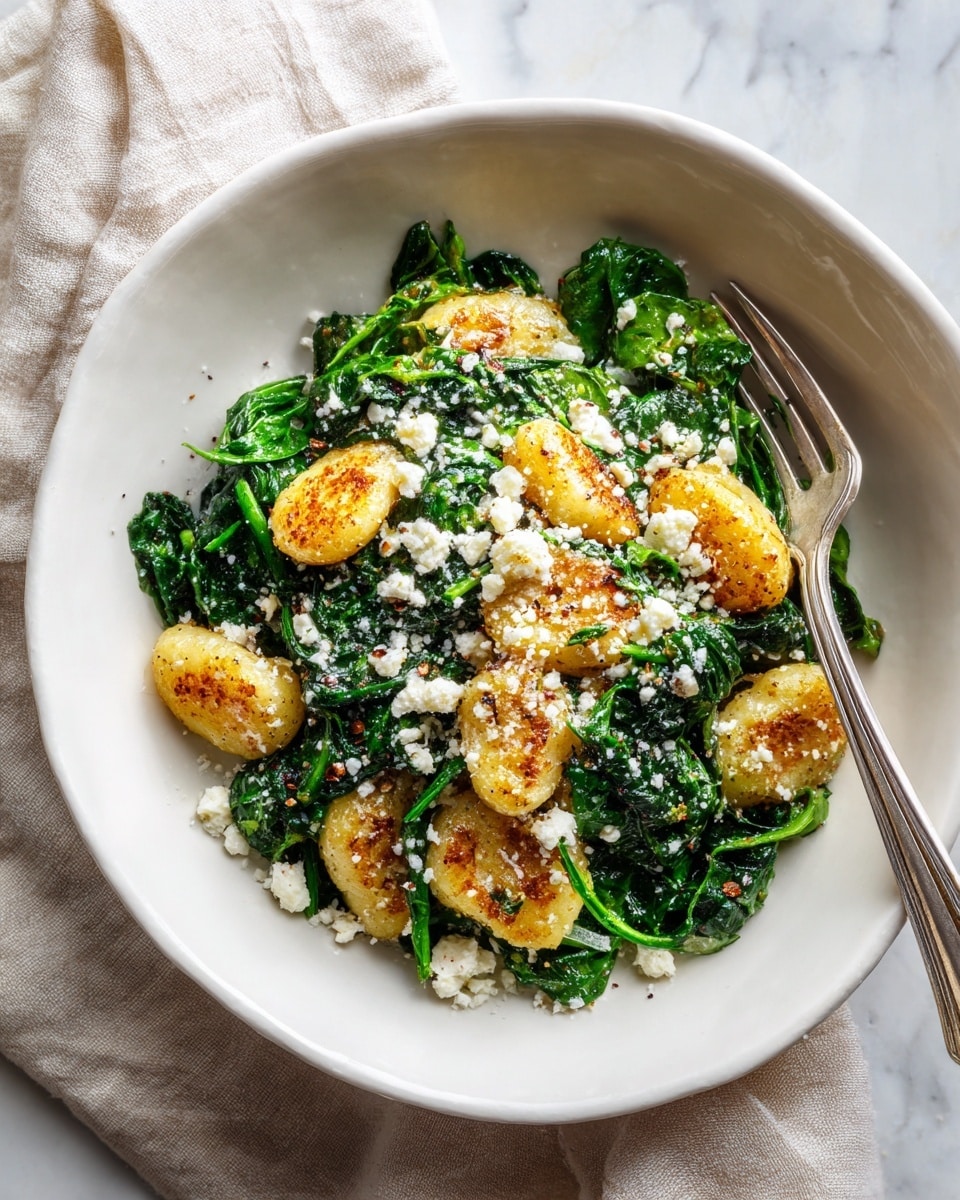 A white shallow bowl filled with two main layers: the bottom layer is dark green cooked leafy spinach with a soft and slightly shiny texture, and the top layer features golden brown, seared gnocchi pieces with a slightly crispy outside and soft inside. Scattered white crumbles of soft cheese are sprinkled over the gnocchi and spinach, adding a contrasting color and texture. A silver fork rests on the edge of the bowl. The bowl is placed on a white marbled texture surface with a neutral soft beige cloth underneath. Photo taken with an iphone --ar 4:5 --v 7