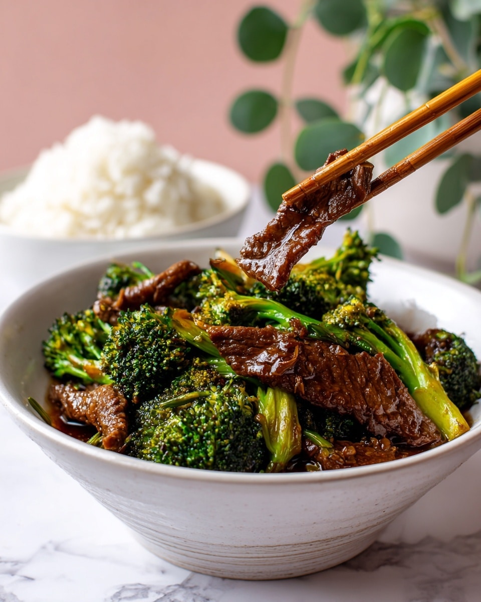 A white bowl filled with thick pieces of dark brown beef and bright green broccoli florets, all coated in a shiny, rich brown sauce. The beef pieces are irregular and textured, mixed evenly with the broccoli, which shows vibrant green stems and leafy tops. The bowl rests on a soft pink cloth over a white marbled textured surface. In the top right corner, there is a smaller white bowl with fluffy white rice. A pair of chopsticks with pink tips lies beside the bowls. Photo taken with an iphone --ar 4:5 --v 7