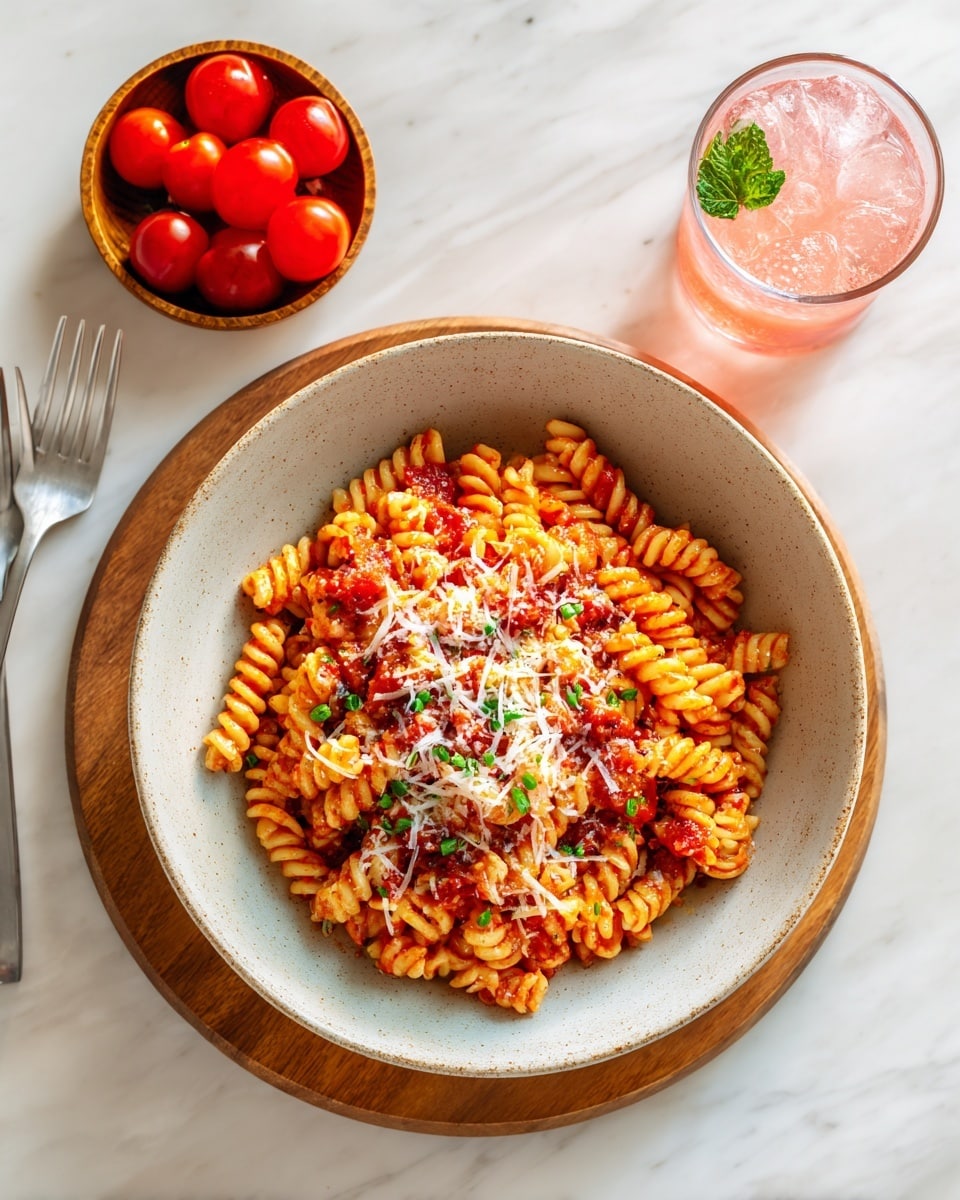 A black round pan filled with spiral pasta coated in a light orange sauce is shown on a white marbled surface. In the center of the pasta sits a small chunk of butter and a pile of grated white cheese. A black slotted spoon rests on the right side inside the pan, slightly lifting some pasta. The scene is simple with a focus on the pasta and the melting butter and cheese in the middle. Photo taken with an iphone --ar 4:5 --v 7