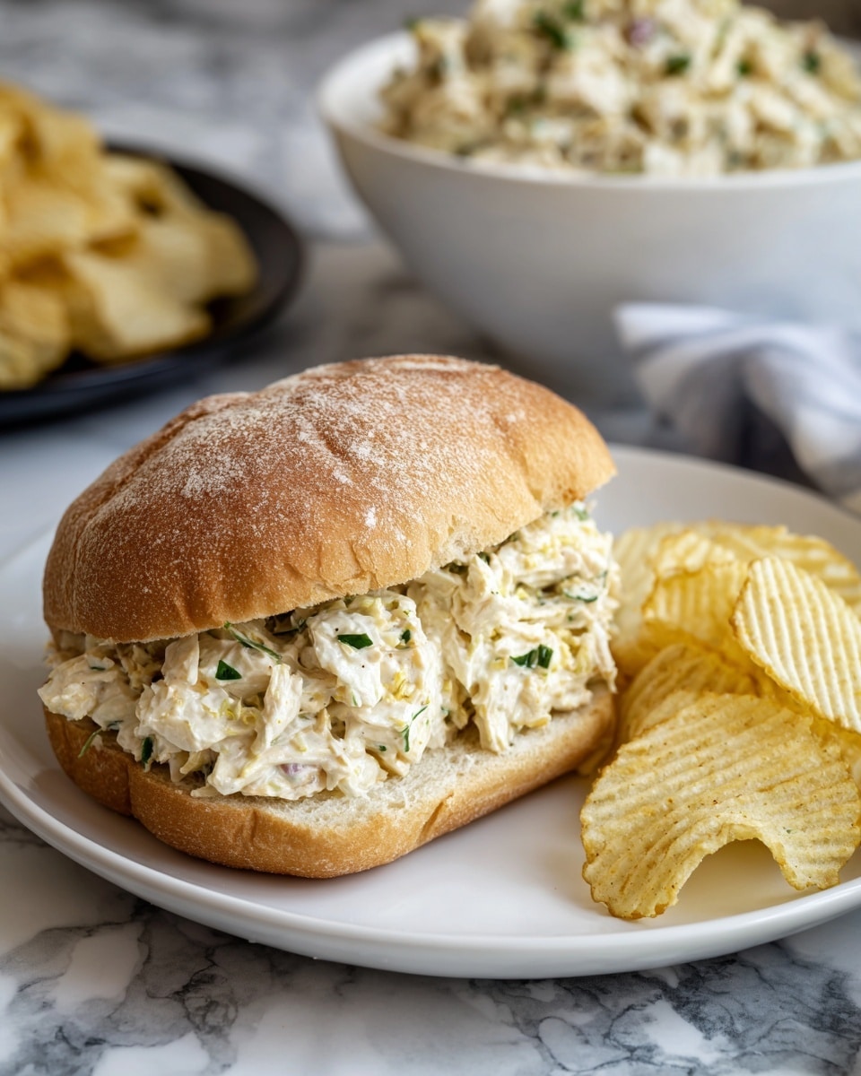 The image shows several creamy shredded chicken sandwiches on round, white buns dusted with flour. Each sandwich is thickly filled with a light yellow creamy chicken mixture. There are three sandwiches placed on a white plate with ridged potato chips on the side, and one sandwich on a black plate with more chips. A large white bowl filled with shredded chicken in creamy sauce sits to the upper right. The surface is a white marbled texture. Photo taken with an iphone --ar 4:5 --v 7