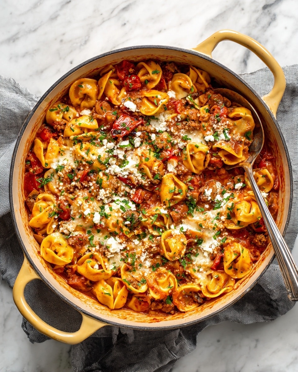 A yellow cooking pot filled with a cooked pasta dish on a white marbled surface with a gray cloth underneath. The dish has three layers: the bottom layer is a thick red tomato sauce with small pieces of meat and sliced mushrooms; the middle layer shows golden brown cooked pasta rings mixed with red bell pepper strips and more mushrooms; the top layer is melted light orange cheese sprinkled with small bits of white cheese and fresh green chopped herbs evenly spread on top. A metal spoon is partially dipped into the pot, lifting some pasta. Photo taken with an iphone --ar 4:5 --v 7