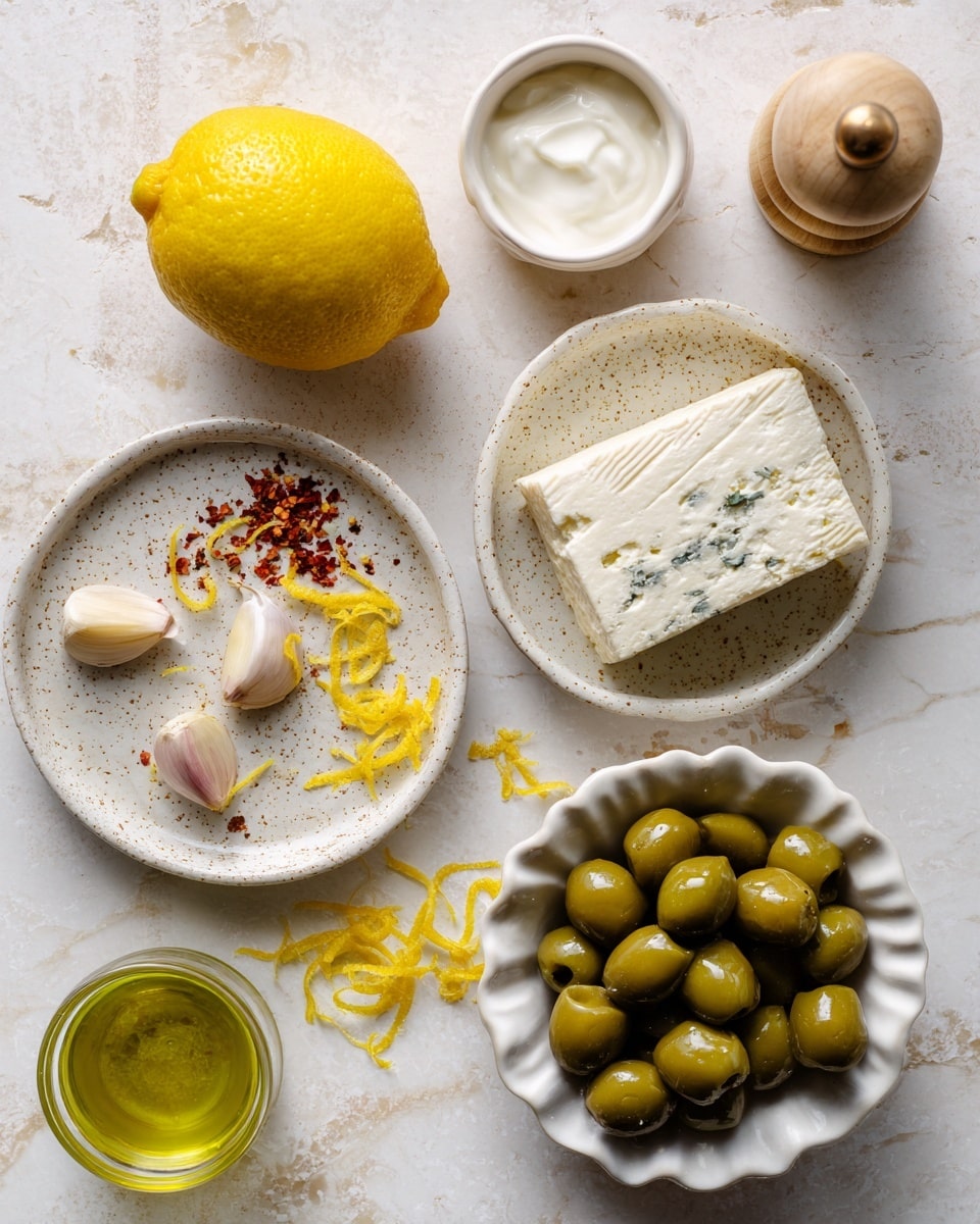 A top view of various cooking ingredients arranged on a white marbled surface, featuring a whole yellow lemon on the left; a round white speckled plate with four garlic cloves, red chili flakes, and thin yellow lemon zest strands on the bottom left; a smaller round white speckled plate with a rectangular block of white cream cheese above the lemon; a small cup filled with white cream at the top right; a scalloped white speckled bowl holding a large wedge of blue cheese to the right; a round white speckled bowl filled with shiny green olives bottom right; and a clear glass jar with greenish olive oil at the bottom left, next to a light wood pepper grinder. Photo taken with an iphone --ar 4:5 --v 7