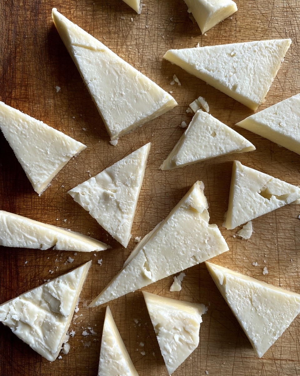 A wooden board with many triangular white cheese slices scattered across it. Each cheese piece is smooth in texture, with slight crumbly edges, varying slightly in size but generally thin and pointed. The background is a simple wooden surface showing natural grain and some marks, making the cheese pieces stand out clearly. photo taken with an iphone --ar 4:5 --v 7