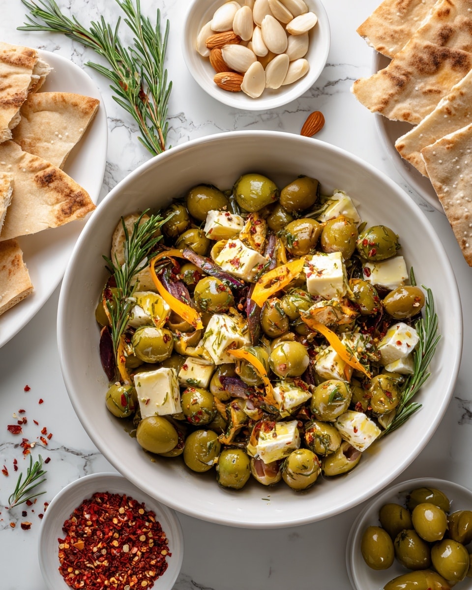The image shows a close-up of green olives mixed with white soft cheese chunks, light orange citrus peels, and scattered red chili flakes, all garnished with small sprigs of fresh green rosemary and a dried bay leaf, set against a white marbled background. The layers alternate between the smooth, shiny texture of the olives, the crumbly and soft texture of the white cheese, the slightly rough citrus peels, and the delicate texture of the herbs, creating a colorful and inviting visual contrast. photo taken with an iphone --ar 4:5 --v 7