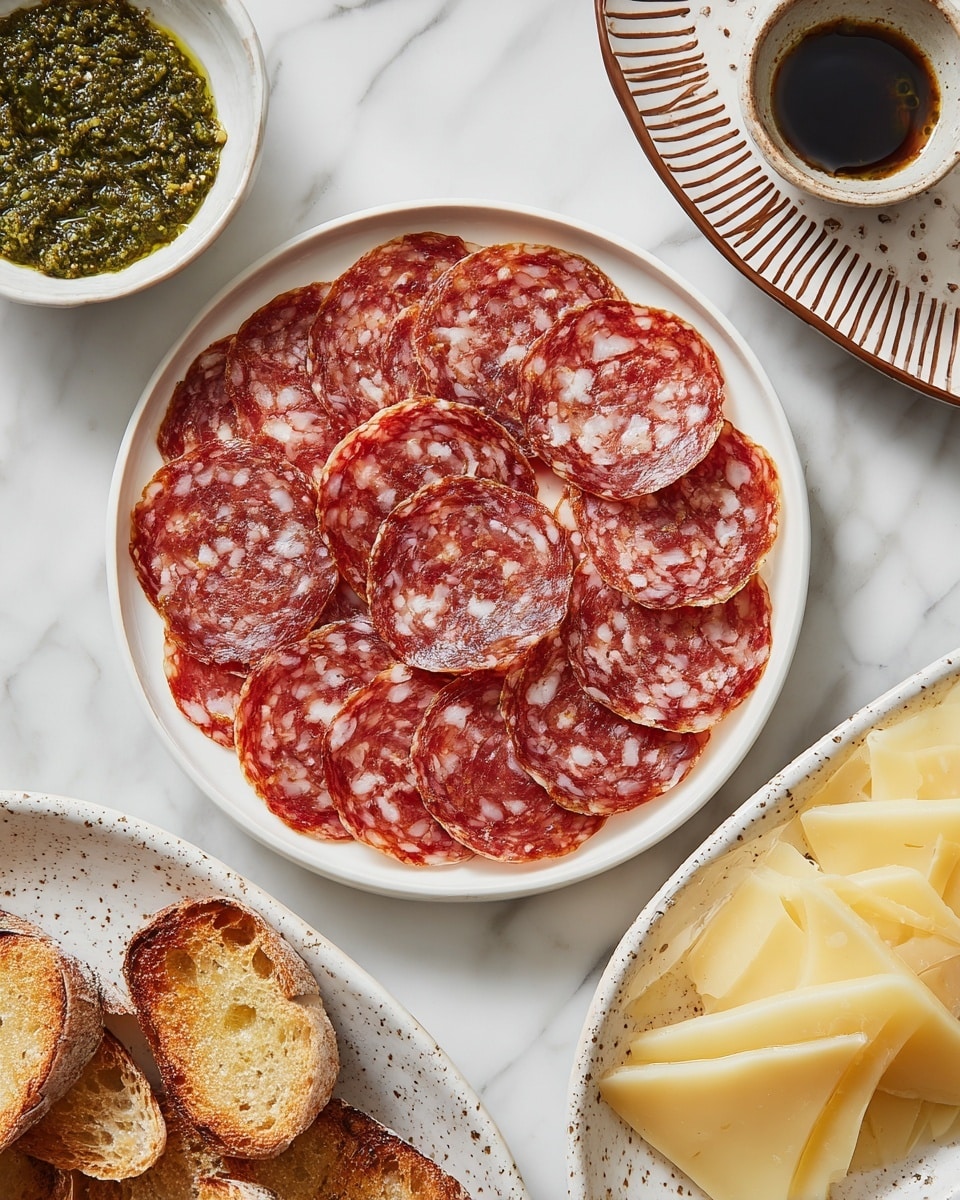 A white round plate holds thin slices of reddish salami with white fat pieces evenly spread, arranged in a slightly overlapping circular layer. To the right, on a white plate with a brown dotted border, there are several pale yellow cheese slices folded into thin triangles stacked loosely in a pile. Below the salami, a white plate with speckled edges contains toasted bread slices in irregular shapes, golden-brown with a drizzle of olive oil visible on top. Next to the cheese, a small white bowl with textured brown edges is filled with thick green pesto sauce showing a coarse texture with bits of basil and nuts. Above the cheese is a small white bowl with rough brown edges filled with a dark balsamic liquid. All plates are set on a white marbled surface photo taken with an iphone --ar 4:5 --v 7