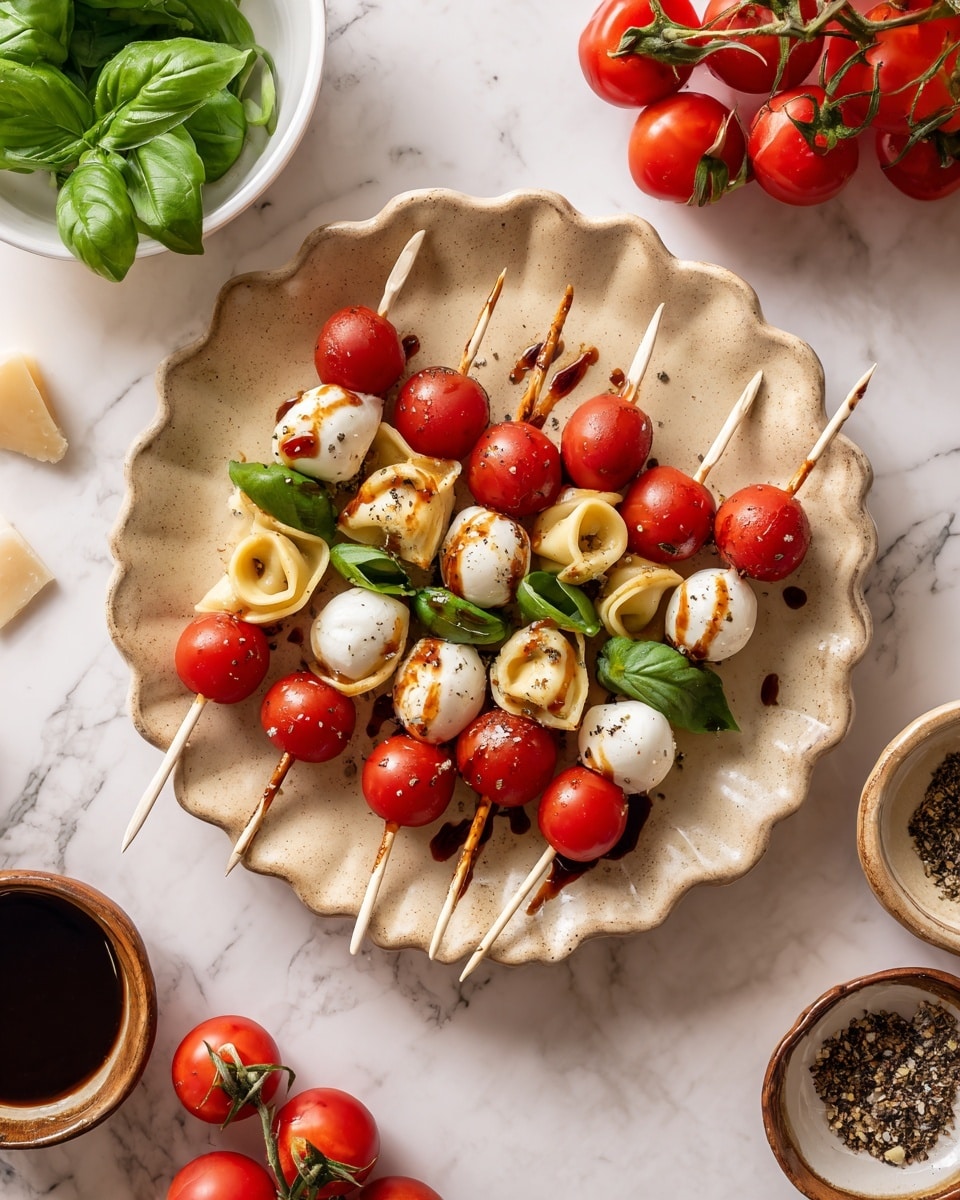 This image shows small skewers with three layers each: a shiny red cherry tomato on top, a bright green folded basil leaf in the middle, and a soft white ball of cheese or pasta at the bottom, with some having a stuffed creamy yellow tortellini instead of cheese. Each skewer has a light brown drizzle of sauce and small black pepper specks. The skewers are placed closely on a light beige surface with a slight texture, changed to a white marbled texture for the prompt. photo taken with an iphone --ar 4:5 --v 7