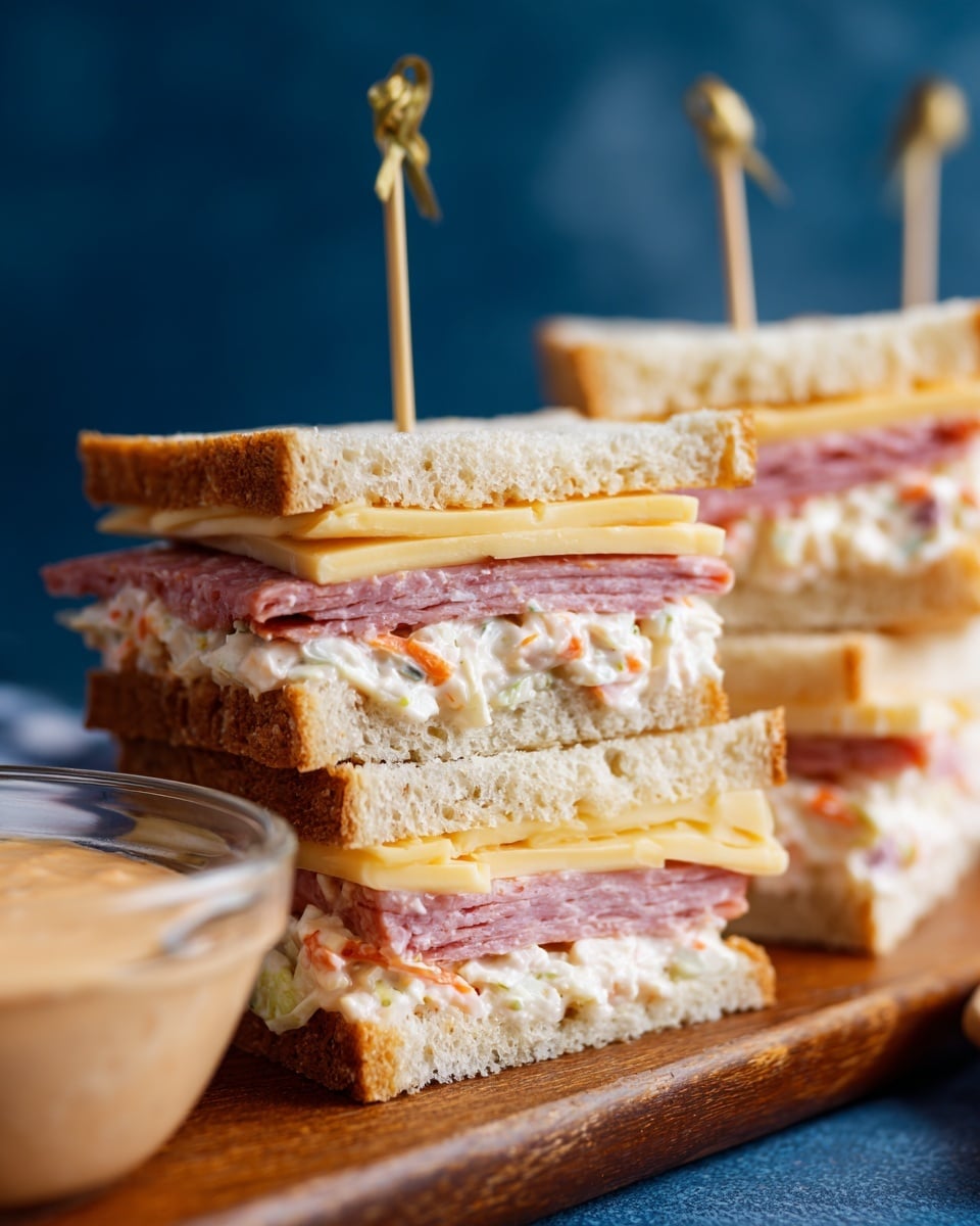 The image shows a tall sandwich made of four layers of light brown sandwich bread with visible grains. The bottom layer has white coleslaw mixed with a mayonnaise-like sauce and shredded white cheese on top. The second layer has thin slices of dark pink roast beef, followed by a layer of light yellow cheese. The third layer repeats the coleslaw with sauce and white cheese. The fourth layer again shows the roast beef with cheese on top. Each section is thick and neat, held together by a gold skewer from top to bottom. The sandwich sits on a wooden surface with a small white bowl of creamy beige sauce to the side. Behind the main sandwich, two more smaller sandwiches with similar layers are visible. The background is a dark blue with a soft focus, and the surface is white marble texture. Photo taken with an iphone --ar 4:5 --v 7