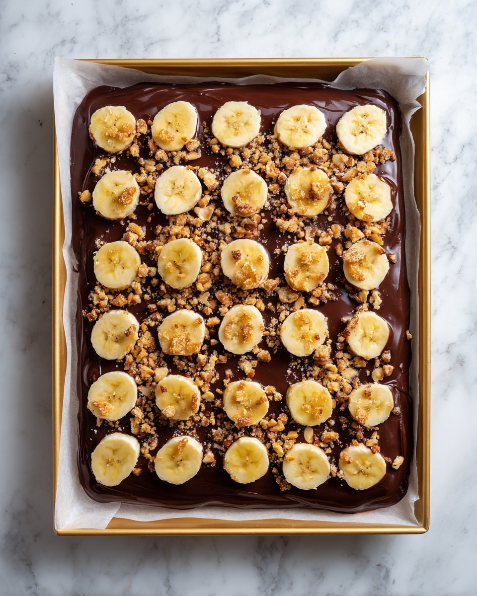 A rectangular dessert laid on white baking paper on a gold tray, featuring a bottom layer of light yellow banana slices arranged neatly across the base. On top of the bananas, there is a thick layer of smooth, rich dark brown chocolate sauce covering most of the surface, with small pieces of crunchy-looking nuts or granola scattered unevenly over the chocolate. The edges of the dessert show some slices of banana peeking out from under the chocolate. The background surface is white marbled. Photo taken with an iphone --ar 4:5 --v 7