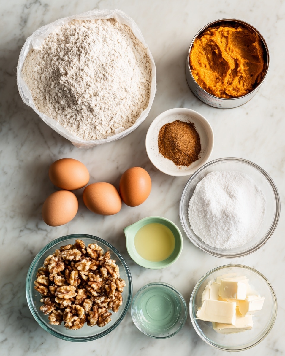 On a white marbled surface, there is an arrangement of baking ingredients: a large white bag of flour on the top left, a small clear bowl with brown spice next to it, a small white bowl with cream to the right, and an open can filled with orange pumpkin puree on the far right. Below the spice, there is a clear round bowl holding three brown eggs. To the right of the eggs is a clear round bowl full of white sugar. Below this, there is a glass measuring cup with melted butter. At the bottom left, there are two mint green measuring cups filled with chopped walnuts. All the items are neatly spaced and seen from above photo taken with an iphone --ar 4:5 --v 7