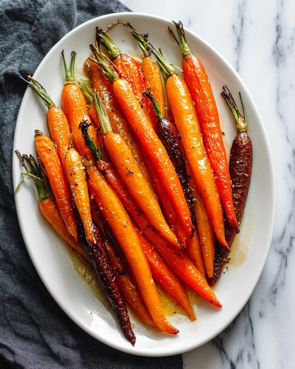 The image shows a black cast iron pan filled with cooked baby carrots. The carrots are bright orange with shiny, slightly caramelized surfaces, and some have light brown char marks. They have green tops still attached, adding fresh color contrast. The pan has a dark, oily base with some liquid and cooked bits around the carrots. The background is a white marbled surface. photo taken with an iphone --ar 4:5 --v 7