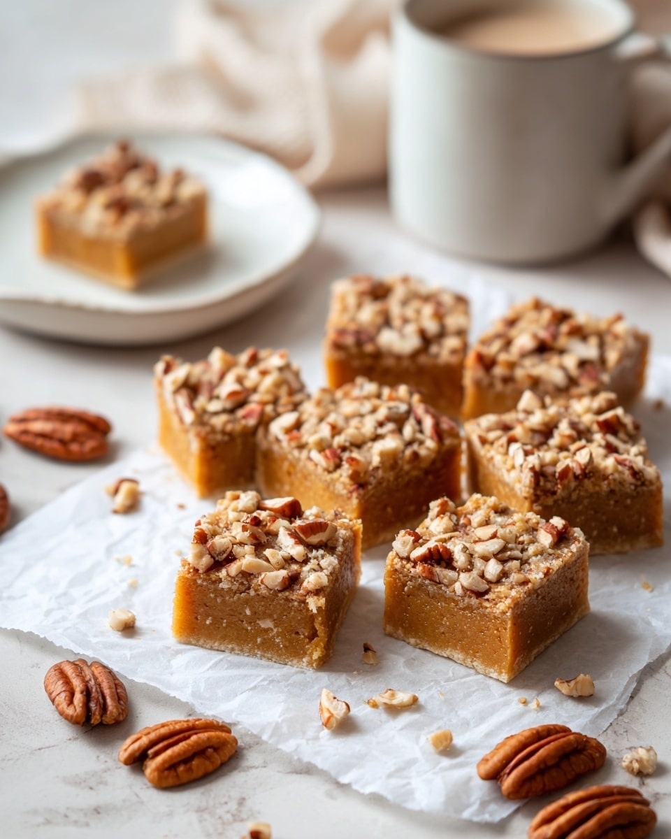 There are nine square bars with a golden brown color, each topped with small, uneven pieces of pecans giving a crunchy texture, arranged on white parchment paper over a white marbled surface. Behind them, one square bar sits alone on a white plate blurred in the background. Nearby, several whole pecans are scattered around, with a white mug and a glass partially visible, creating a soft, cozy scene. The bars have a thick, dense look with a slightly crumbly top that shows texture and depth photo taken with an iphone --ar 4:5 --v 7