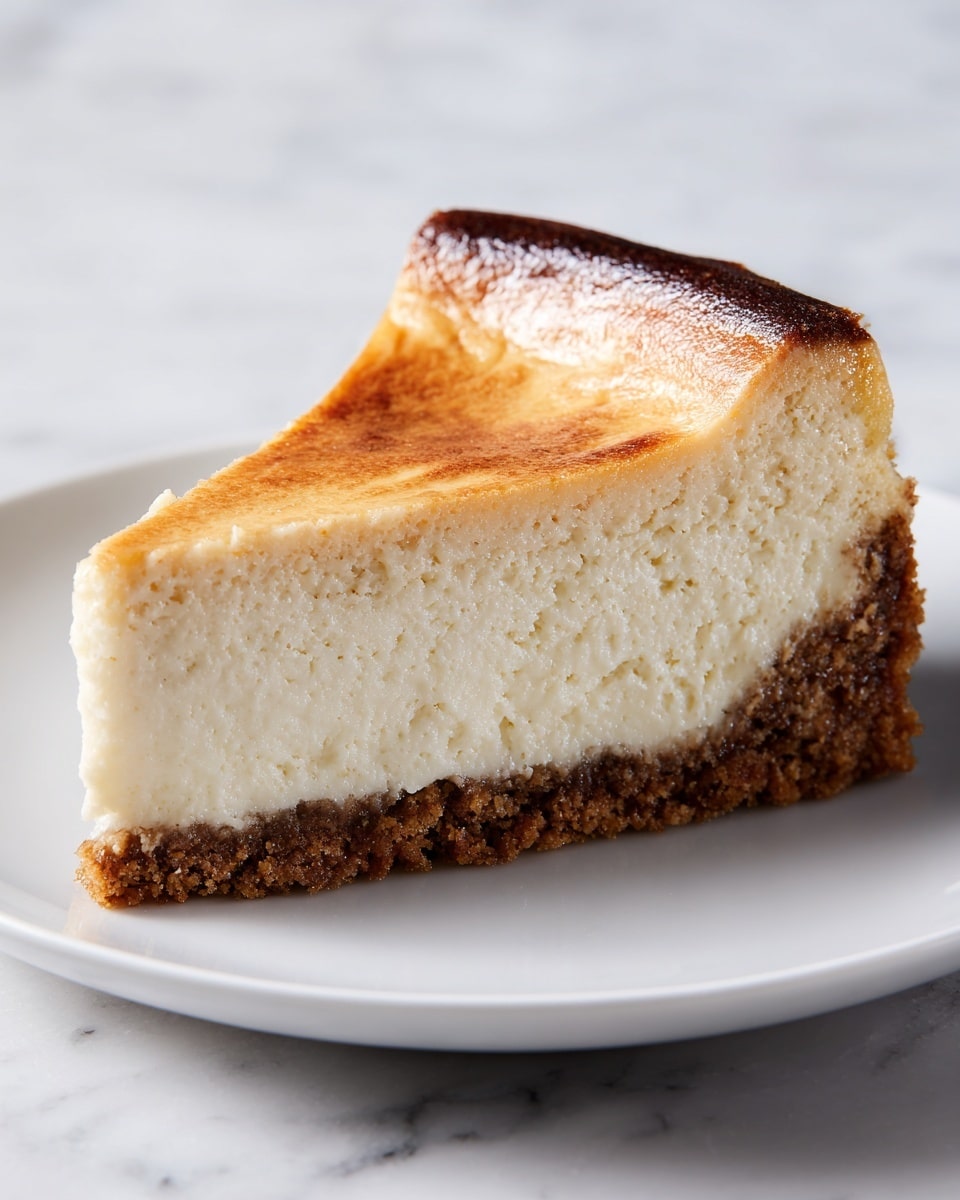 A round cheesecake with a smooth, light golden top layer fills a springform pan with a lavender exterior. The cheesecake surface is even and slightly shiny, showing faint brown spots. The pan sits on crumpled foil, and the background is dark but rests on a white marbled texture. The edges of the pan are thin and metallic, forming a clean circle around the dessert. photo taken with an iphone --ar 4:5 --v 7