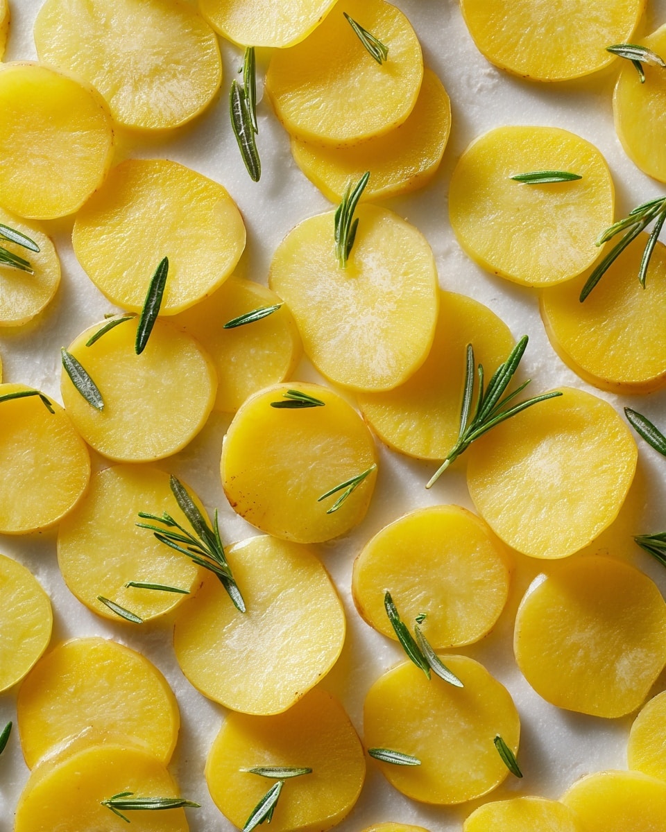 This image shows many thin slices of golden yellow potato arranged closely in a single layer on a white marbled surface, covering the entire frame evenly. Small sprigs of fresh green rosemary leaves are scattered lightly over the potatoes, adding a touch of color contrast and texture. The potato slices vary slightly in size, are smooth with rounded edges, and have a natural shine that suggests freshness. Photo taken with an iphone --ar 4:5 --v 7