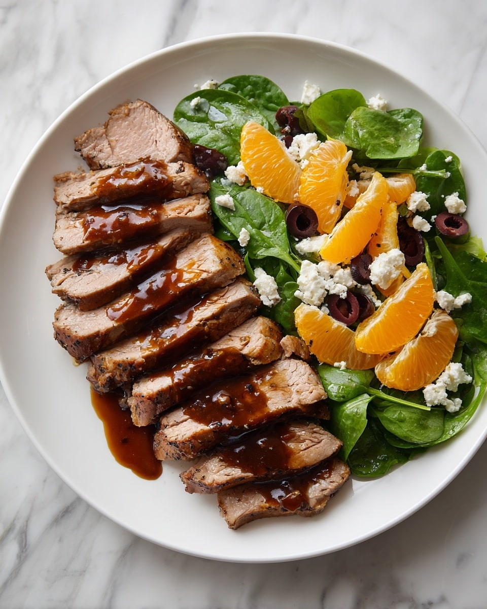 A white plate sits on a white marbled surface with two main layers arranged side by side. On the left, there are several thick, evenly sliced pieces of cooked meat topped with a dark brown sauce that spreads slightly onto the plate. On the right, a fresh salad layer consists of dark green spinach leaves, bright orange mandarin segments, black olives, and small white cheese crumbles scattered on top. The overall look is neat with contrasting colors between the meat and the salad. photo taken with an iphone --ar 4:5 --v 7