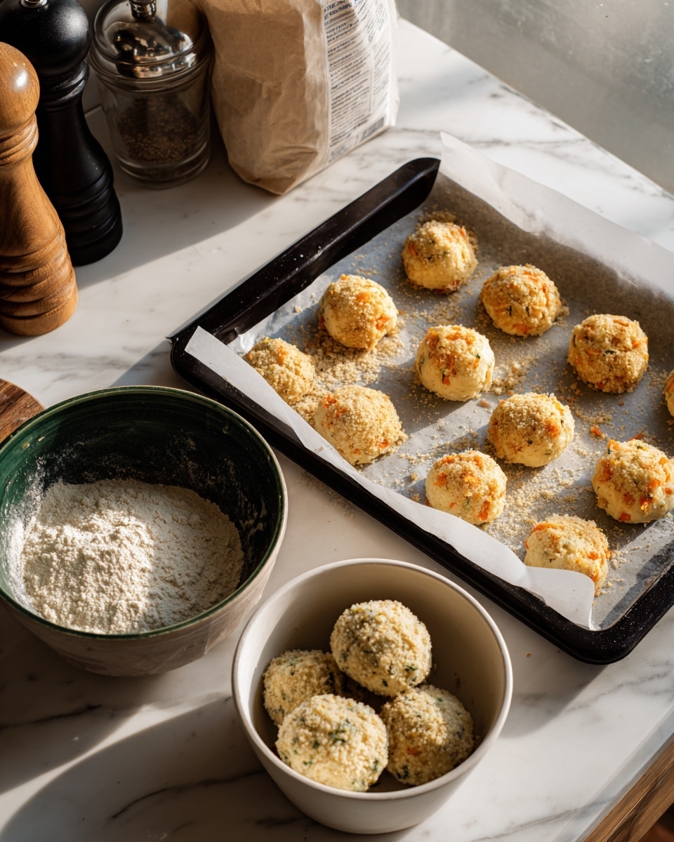 The image shows a black tray lined with white baking paper holding ten round balls arranged in two groups: five on the right side that are creamy beige with pieces of orange mixed inside, and five on the left side covered in a light tan crumb coating. Next to the tray are two white bowls with dark green inside; one bowl contains three crumb-coated balls resting on a bed of flour, while the other bowl holds dry crumbs. In the background on a white marbled surface, there are kitchen items including a pepper grinder, a paper bag of flour, and a container. The scene is lit by natural light. Photo taken with an iphone --ar 4:5 --v 7