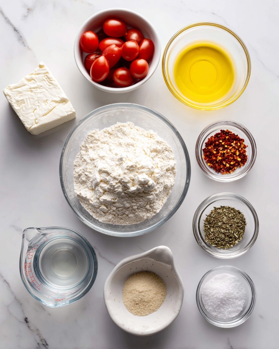 The image shows ingredients arranged neatly on a white marbled surface. There is a glass bowl with white spelt flour in the center. To its left is a small white bowl with a block of feta cheese, creamy and crumbly in texture. Above the flour, there is a clear glass bowl with light yellow extra virgin olive oil. To the right of the oil is a small clear bowl holding red chili pepper flakes, showing bright red and yellow flakes. Below it is a small clear bowl with dried oregano, green and finely chopped. Below oregano are sea salt flakes in a small clear bowl, white and flaky. To the bottom left of the flour is a glass measuring cup with water inside, clear and shiny. Near it is a small clear bowl with instant dry yeast, light brown powder. Above the flour on the left side is a small clear bowl with grape or cherry tomatoes, small, round, and bright red. Below the flour, there are three small clear bowls in a line holding salt (white grains), sugar (white powder), and a blank space below the sugar. The setup looks clean, fresh, and ready for cooking photo taken with an iphone --ar 4:5 --v 7