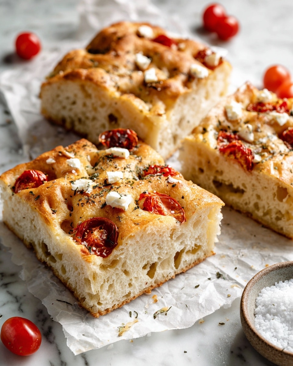 Three rectangular focaccia bread pieces are placed on crumpled white paper over a white marbled surface. The bread has a light golden-brown crust with small holes and a soft, airy inside texture shown clearly in the middle piece lying on its side. Each piece contains halved cherry tomatoes and small cubes of white cheese embedded on the top. The bread is sprinkled with dried herbs and coarse salt. Some whole cherry tomatoes are scattered in the background, and a small round bowl with coarse salt is partly visible on the right side. Photo taken with an iphone --ar 4:5 --v 7