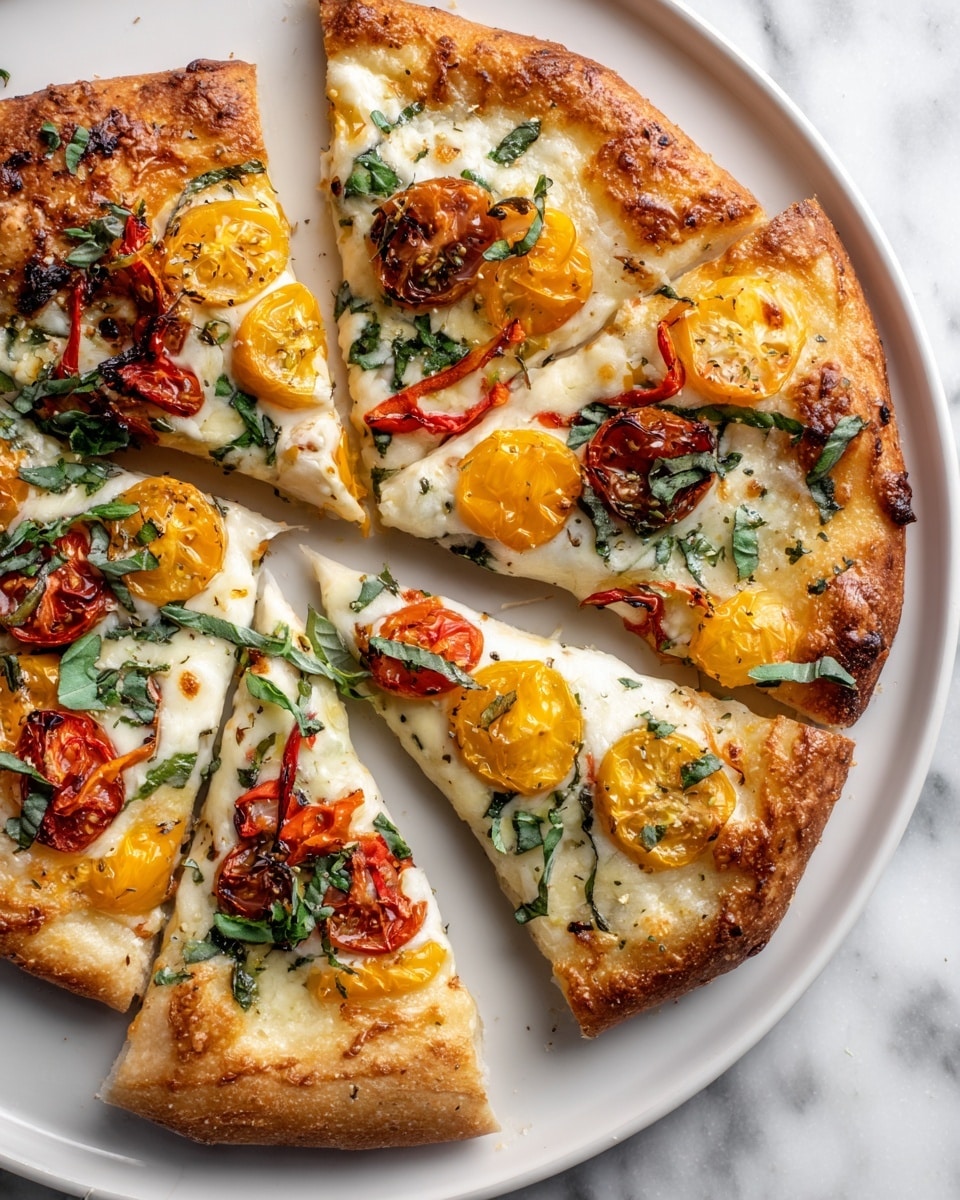 The image shows two slices of pizza on a white marbled surface. The pizza has three main layers: a golden-brown crust on the bottom with a soft texture, a layer of melted white cheese with a slightly bubbly surface, and a topping layer made of red cherry tomatoes, roasted red bell pepper strips, and fresh bright green basil leaves scattered on top. The tomatoes are slightly wrinkled, showing they are roasted, and the red bell pepper slices curl in places. There are also some darker, slightly charred spots on the cheese and crust. Bright green basil leaves are fresh and add a pop of color against the red and white. A few loose basil leaves and a single small tomato are placed near the slices on the white marbled surface. The photo taken with an iphone --ar 4:5 --v 7