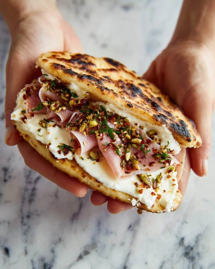 Mortadella Pizza Sandwich with Burrata and Pistachios Recipe